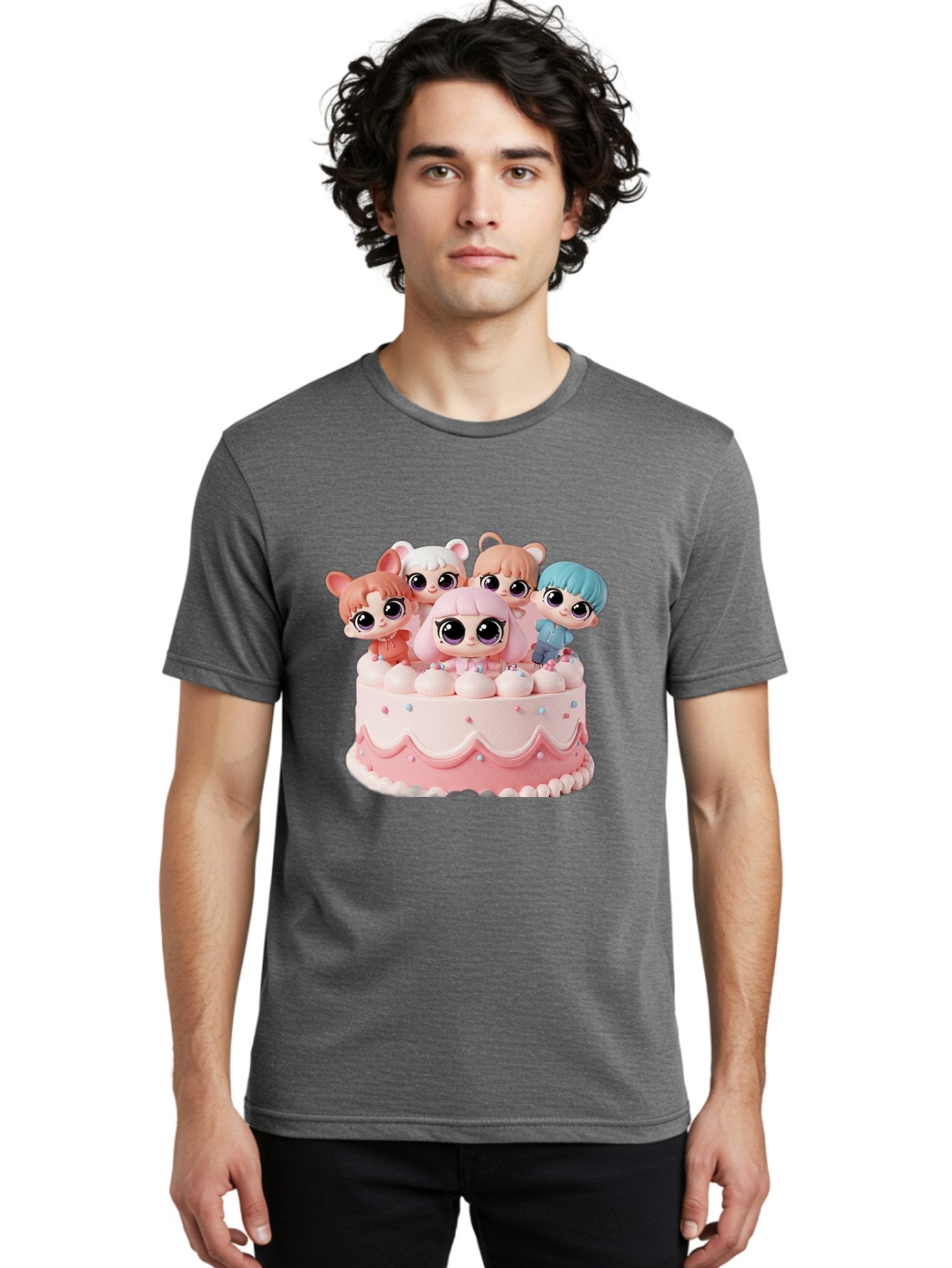 Lps-On-Cake Men'S Graphic Tee, 100% Cotton, Comfortable Casual Summer Wear, Machine Washable, Cute Dolls On Cake, Pastel Colors, Sweet Treats, Adorable Toys, Kawaii Culture, Doll Collectors, Birthday Celebrations, Pastel Pink And White, Bac124 29