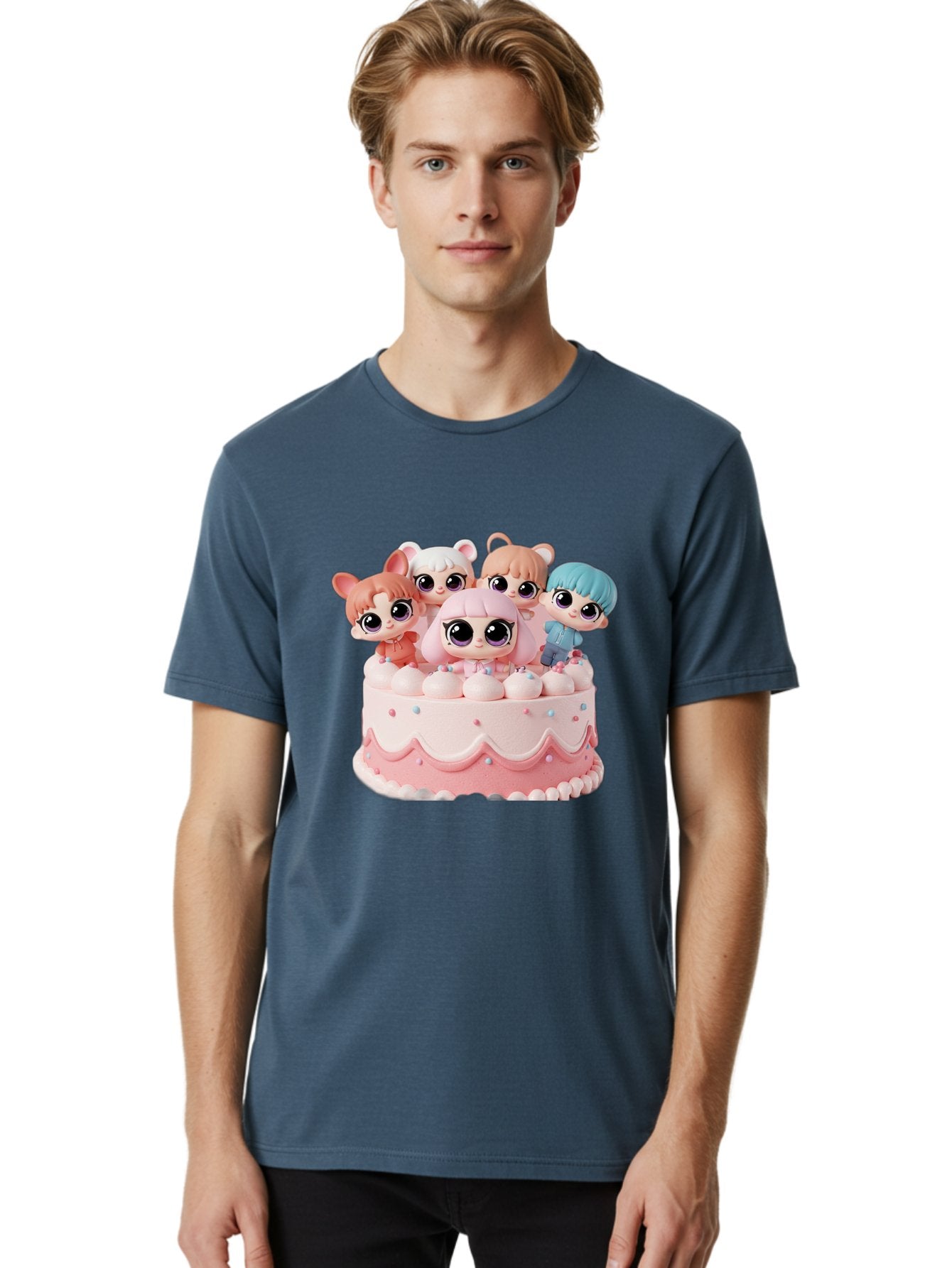 Lps-On-Cake Men'S Graphic Tee, 100% Cotton, Comfortable Casual Summer Wear, Machine Washable, Cute Dolls On Cake, Pastel Colors, Sweet Treats, Adorable Toys, Kawaii Culture, Doll Collectors, Birthday Celebrations, Pastel Pink And White, Bac124 19