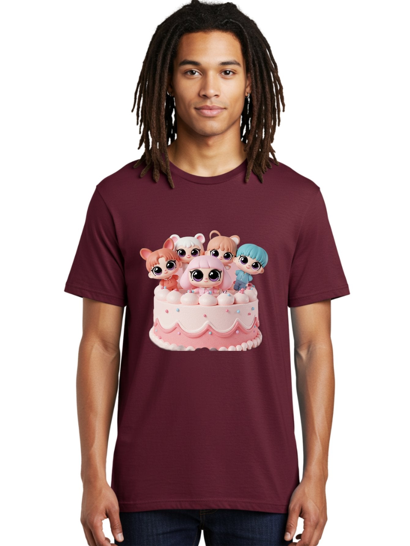 Lps-On-Cake Men'S Graphic Tee, 100% Cotton, Comfortable Casual Summer Wear, Machine Washable, Cute Dolls On Cake, Pastel Colors, Sweet Treats, Adorable Toys, Kawaii Culture, Doll Collectors, Birthday Celebrations, Pastel Pink And White, Bac124 21