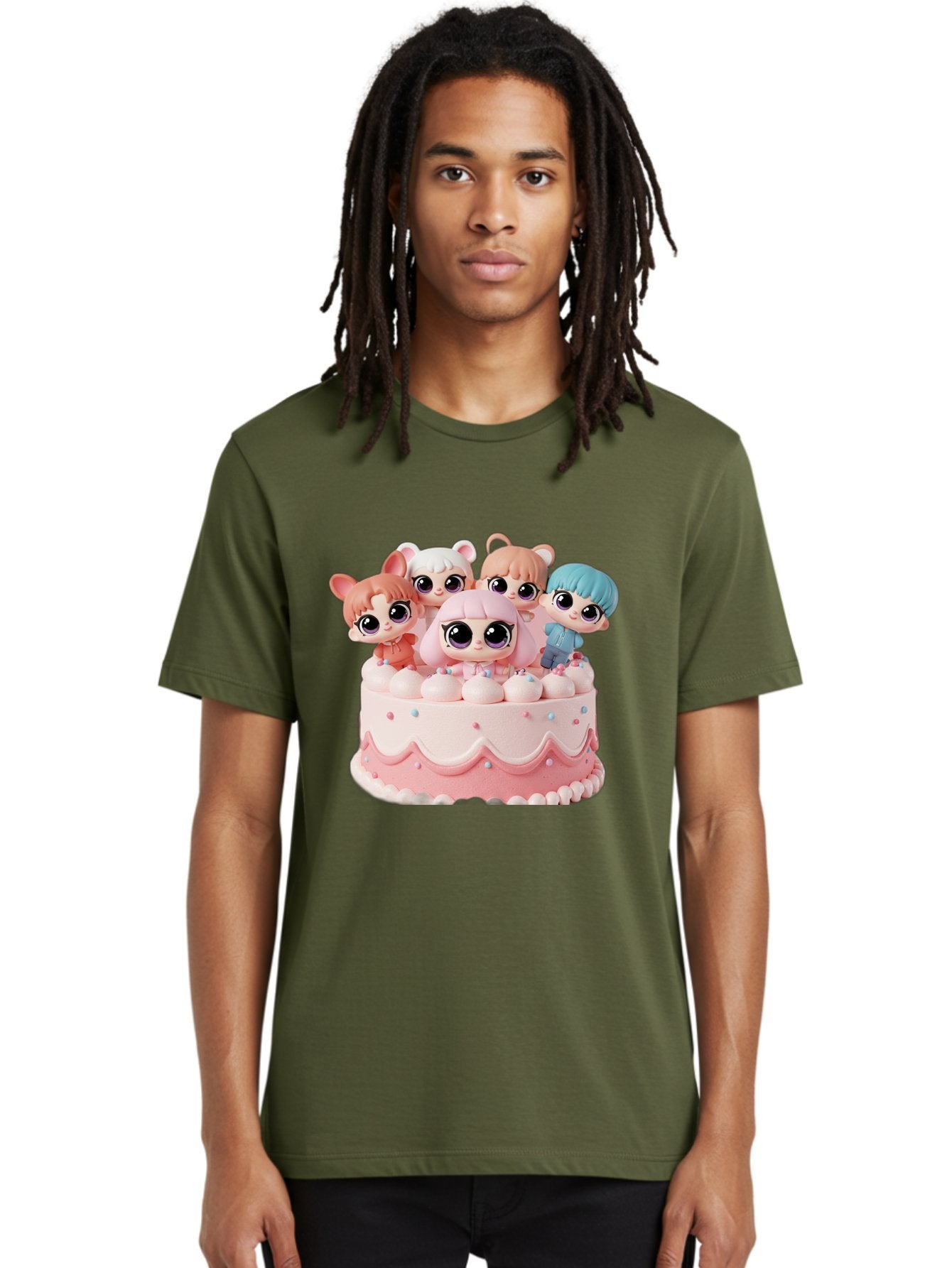 Lps-On-Cake Men'S Graphic Tee, 100% Cotton, Comfortable Casual Summer Wear, Machine Washable, Cute Dolls On Cake, Pastel Colors, Sweet Treats, Adorable Toys, Kawaii Culture, Doll Collectors, Birthday Celebrations, Pastel Pink And White, Bac124 23