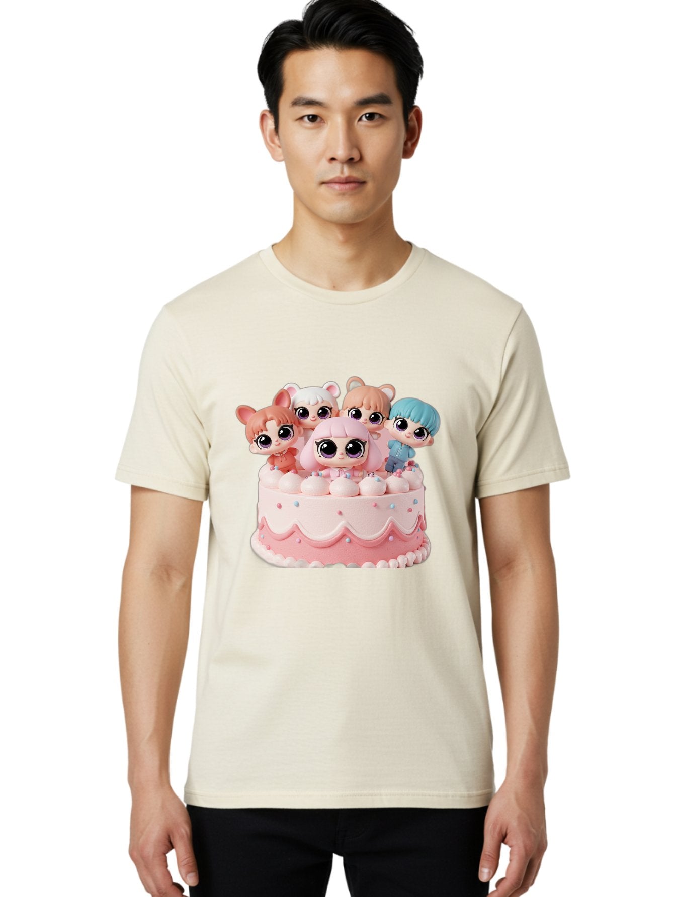 Lps-On-Cake Men'S Graphic Tee, 100% Cotton, Comfortable Casual Summer Wear, Machine Washable, Cute Dolls On Cake, Pastel Colors, Sweet Treats, Adorable Toys, Kawaii Culture, Doll Collectors, Birthday Celebrations, Pastel Pink And White, Bac124 26