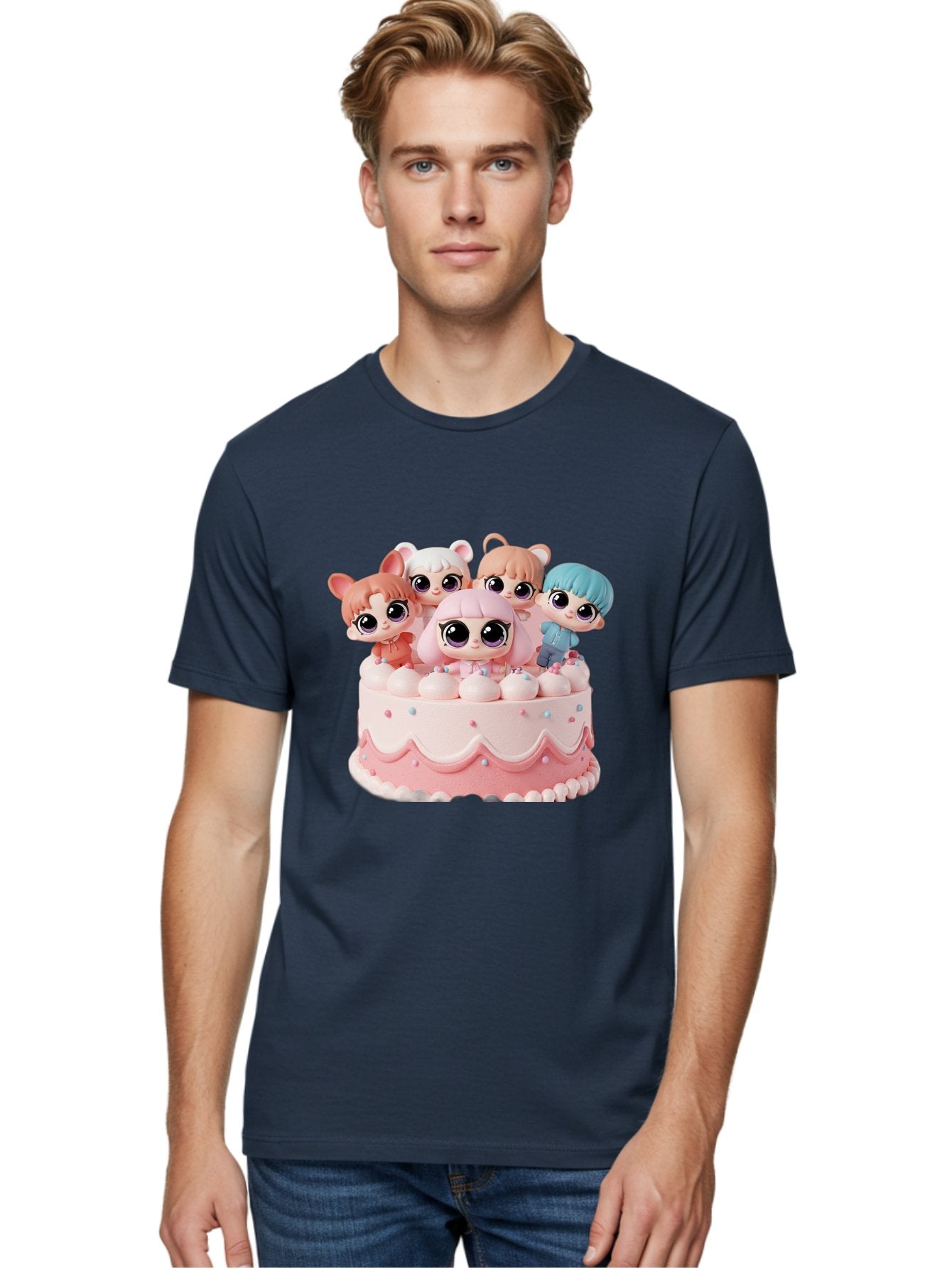 Lps-On-Cake Men'S Graphic Tee, 100% Cotton, Comfortable Casual Summer Wear, Machine Washable, Cute Dolls On Cake, Pastel Colors, Sweet Treats, Adorable Toys, Kawaii Culture, Doll Collectors, Birthday Celebrations, Pastel Pink And White, Bac124 18