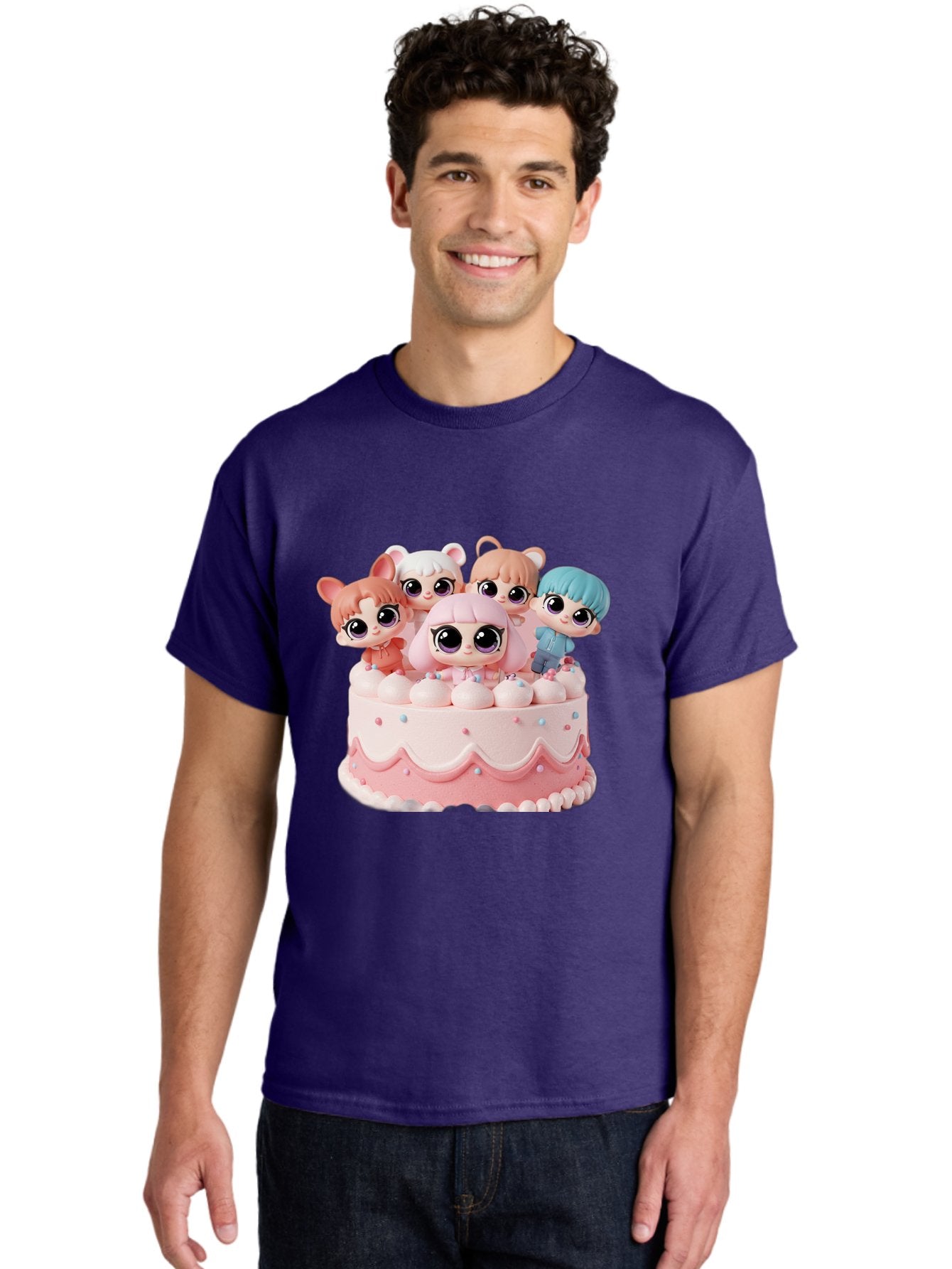 Lps-On-Cake Men'S Graphic Tee, 100% Cotton, Comfortable Casual Summer Wear, Machine Washable, Cute Dolls On Cake, Pastel Colors, Sweet Treats, Adorable Toys, Kawaii Culture, Doll Collectors, Birthday Celebrations, Pastel Pink And White, Bac124 17