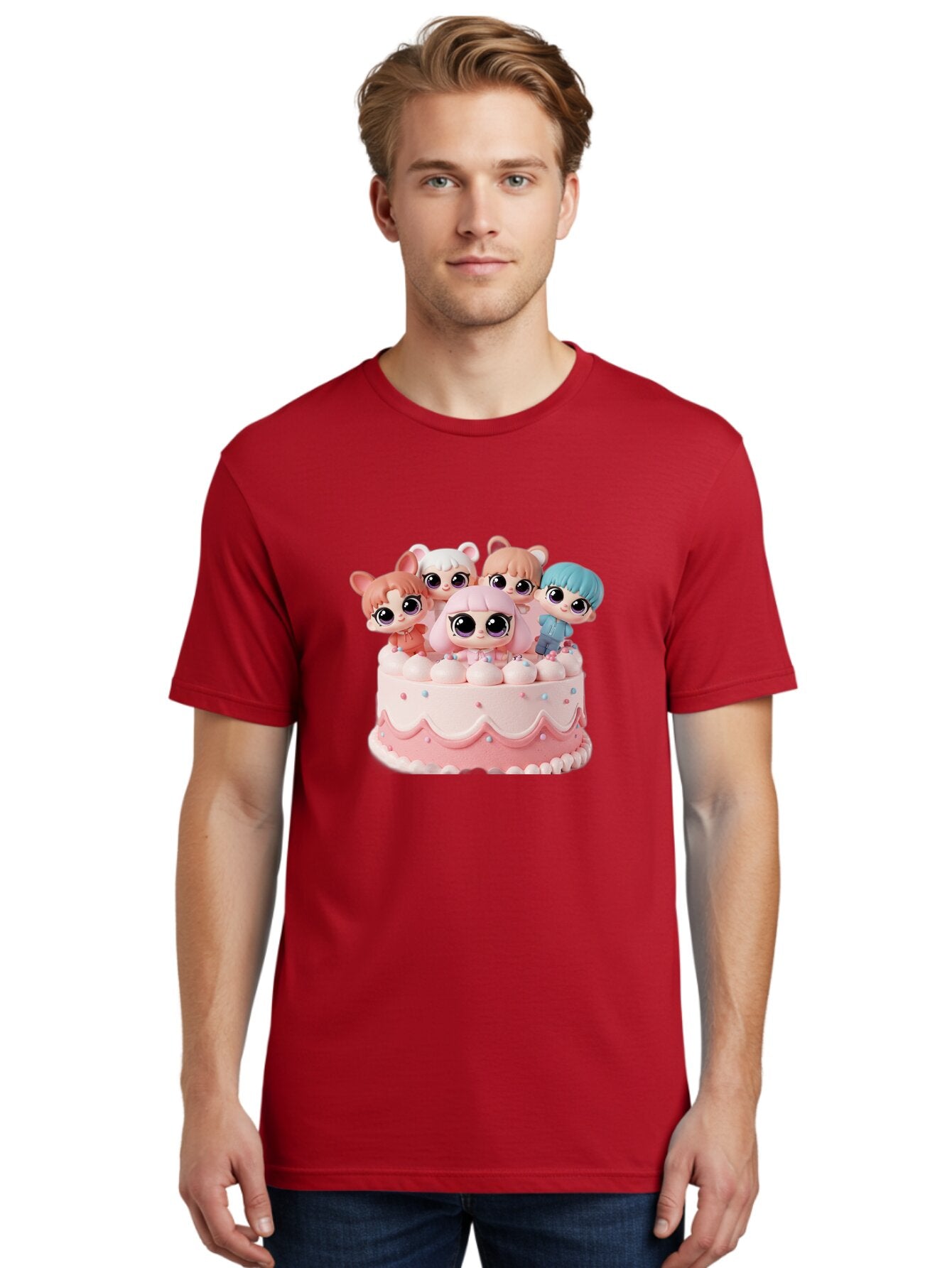 Lps-On-Cake Men'S Graphic Tee, 100% Cotton, Comfortable Casual Summer Wear, Machine Washable, Cute Dolls On Cake, Pastel Colors, Sweet Treats, Adorable Toys, Kawaii Culture, Doll Collectors, Birthday Celebrations, Pastel Pink And White, Bac124 20