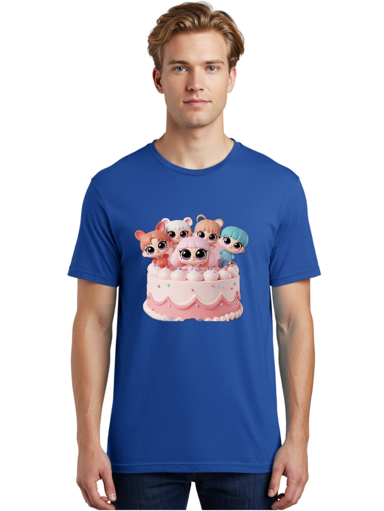 Lps-On-Cake Men'S Graphic Tee, 100% Cotton, Comfortable Casual Summer Wear, Machine Washable, Cute Dolls On Cake, Pastel Colors, Sweet Treats, Adorable Toys, Kawaii Culture, Doll Collectors, Birthday Celebrations, Pastel Pink And White, Bac124 28