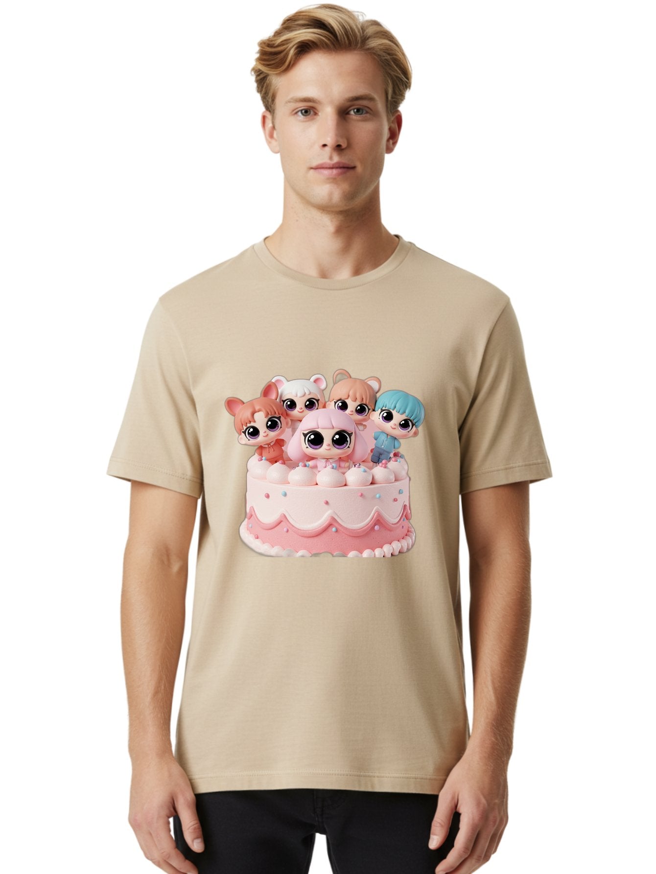 Lps-On-Cake Men'S Graphic Tee, 100% Cotton, Comfortable Casual Summer Wear, Machine Washable, Cute Dolls On Cake, Pastel Colors, Sweet Treats, Adorable Toys, Kawaii Culture, Doll Collectors, Birthday Celebrations, Pastel Pink And White, Bac124 22