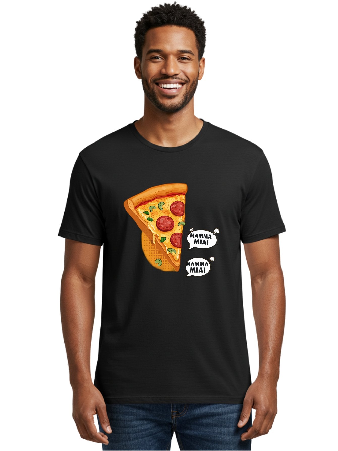 Mamma-Mia-Pizza Men'S Graphic Tee, 100% Cotton, Comfortable Casual Summer Wear, Machine Washable, Pepperoni Pizza Slice, Melted Cheese, Green Basil, Italian Food, Delicious Meal, Mamma Mia, Cartoon Style, Appetizing Dish, Cheesy Goodness, Bac125 27