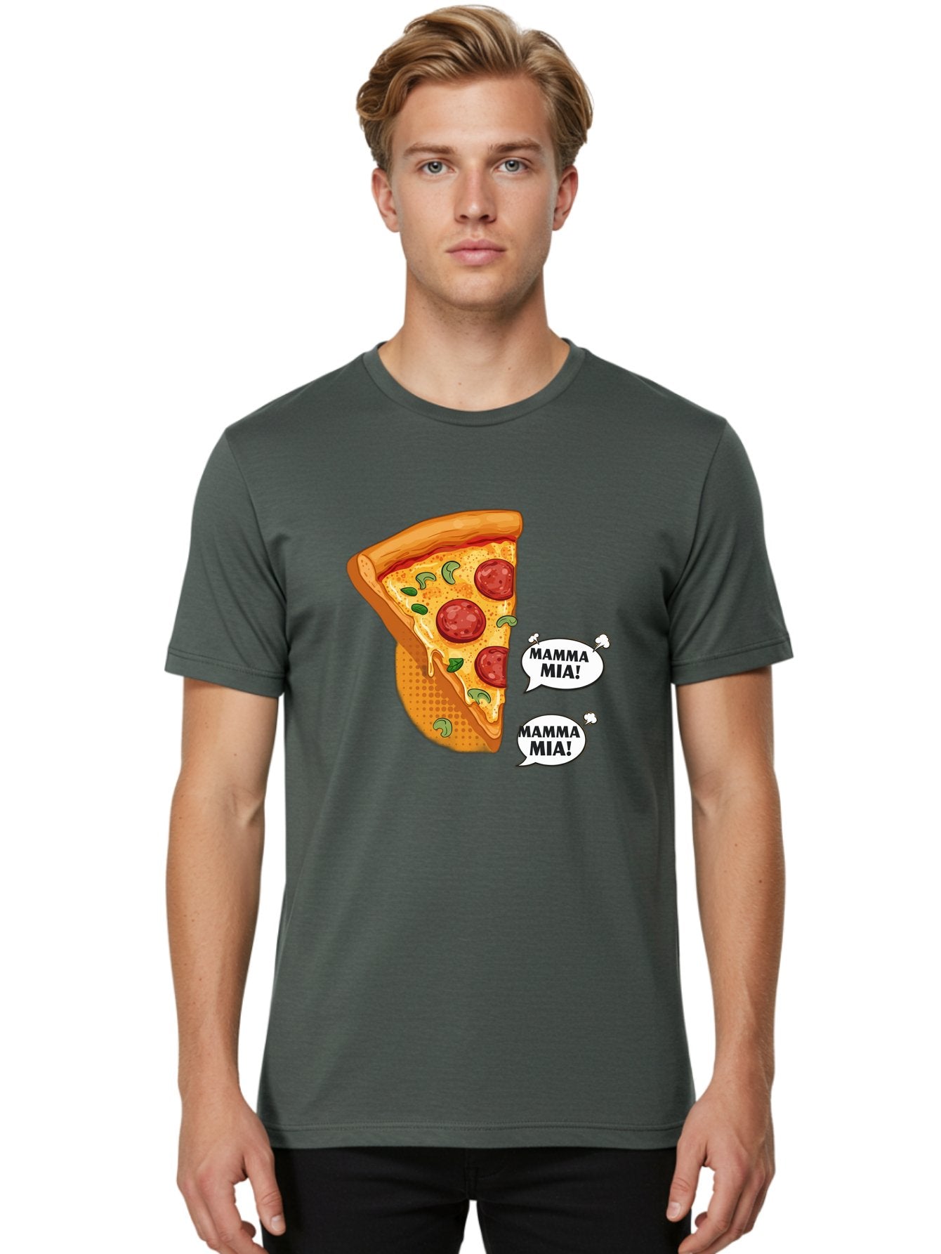 Mamma-Mia-Pizza Men'S Graphic Tee, 100% Cotton, Comfortable Casual Summer Wear, Machine Washable, Pepperoni Pizza Slice, Melted Cheese, Green Basil, Italian Food, Delicious Meal, Mamma Mia, Cartoon Style, Appetizing Dish, Cheesy Goodness, Bac125 28