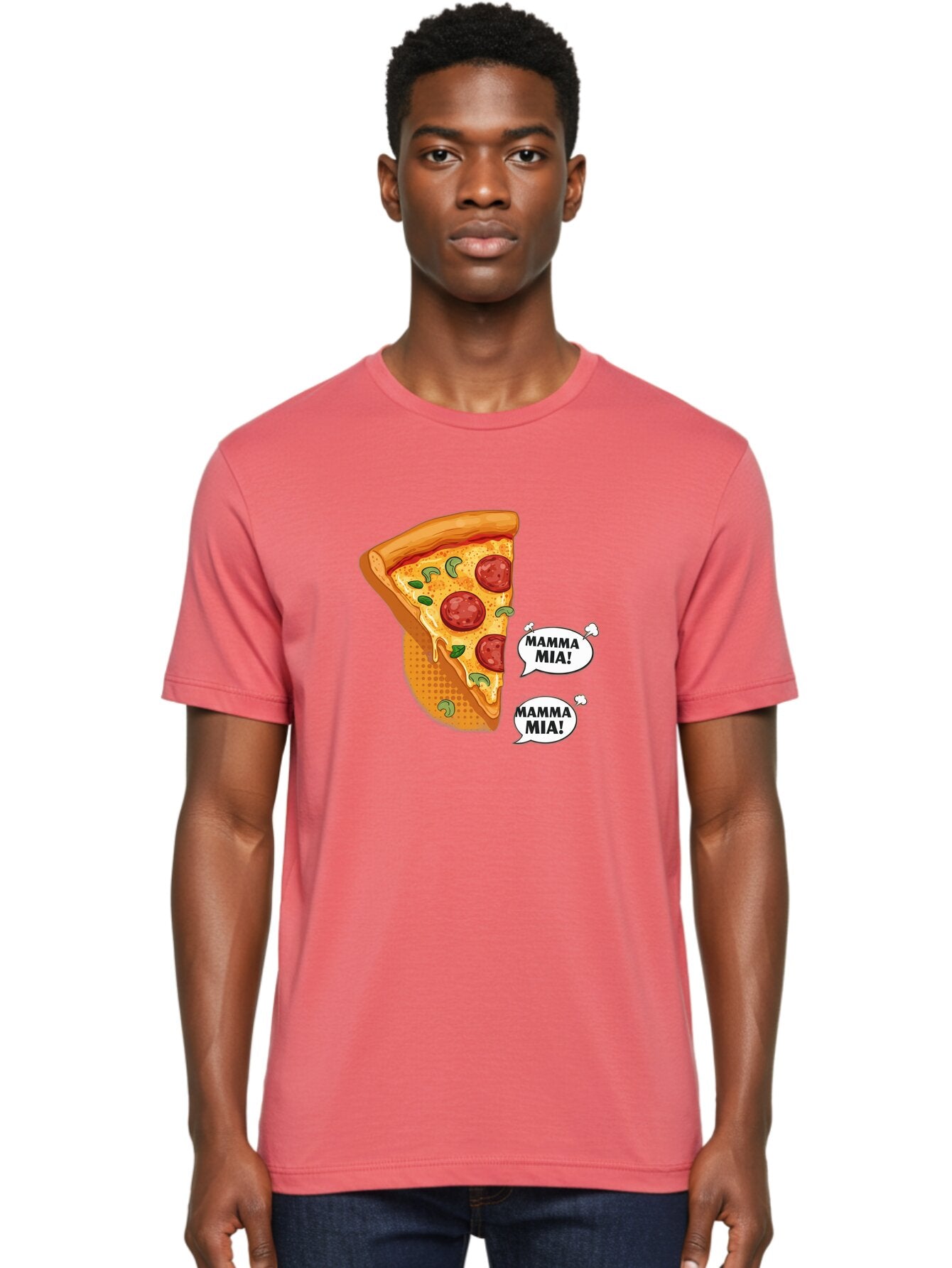 Mamma-Mia-Pizza Men'S Graphic Tee, 100% Cotton, Comfortable Casual Summer Wear, Machine Washable, Pepperoni Pizza Slice, Melted Cheese, Green Basil, Italian Food, Delicious Meal, Mamma Mia, Cartoon Style, Appetizing Dish, Cheesy Goodness, Bac125 17