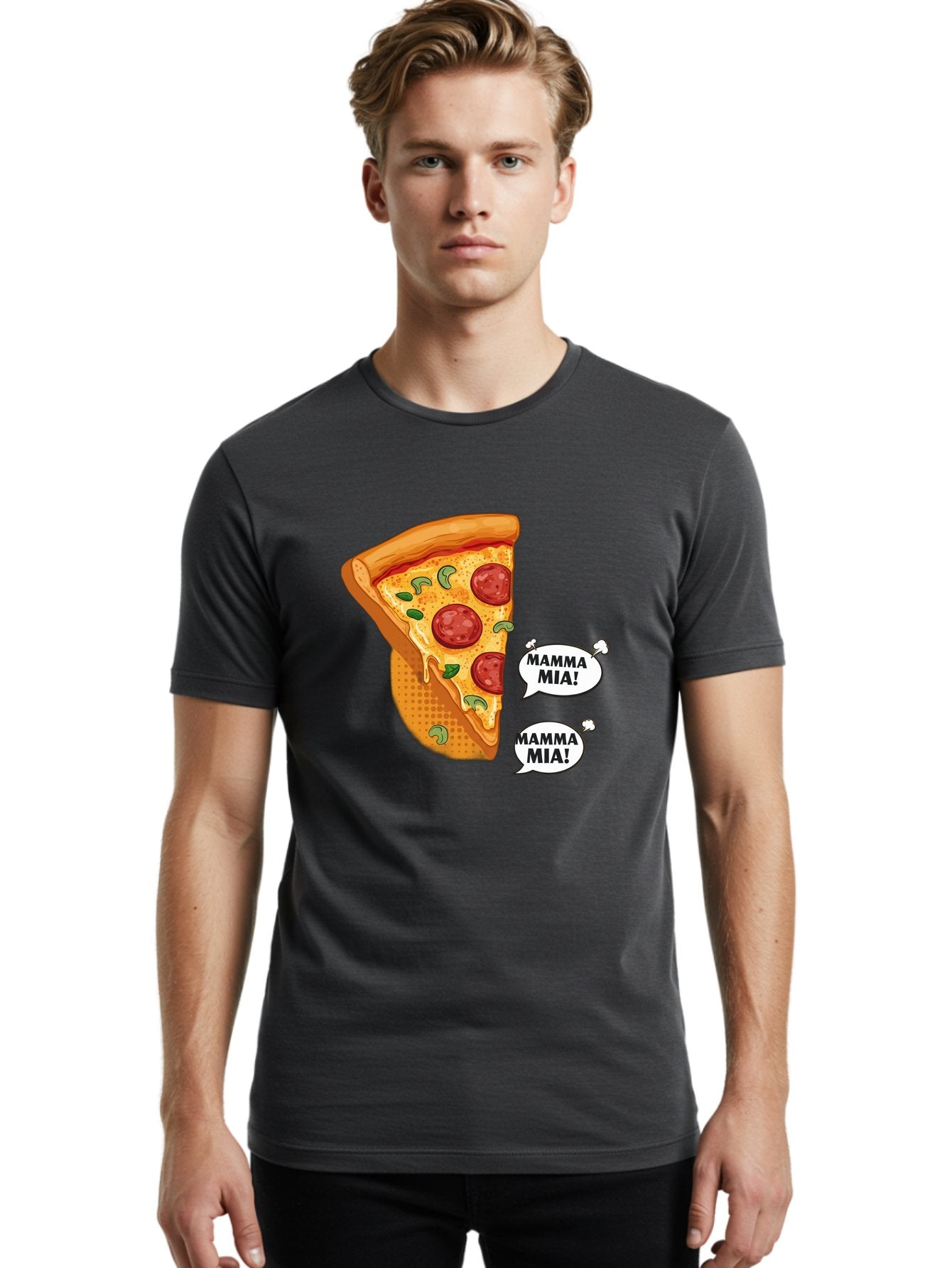 Mamma-Mia-Pizza Men'S Graphic Tee, 100% Cotton, Comfortable Casual Summer Wear, Machine Washable, Pepperoni Pizza Slice, Melted Cheese, Green Basil, Italian Food, Delicious Meal, Mamma Mia, Cartoon Style, Appetizing Dish, Cheesy Goodness, Bac125 23