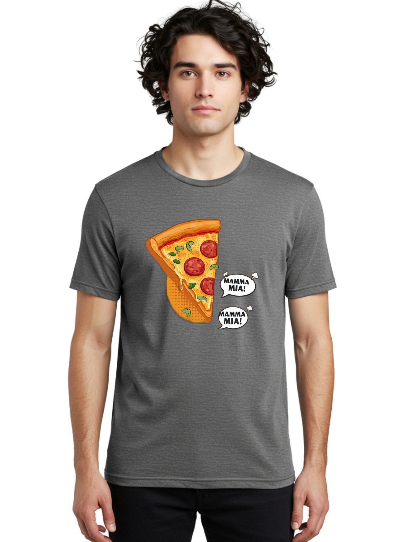 Mamma-Mia-Pizza Men'S Graphic Tee, 100% Cotton, Comfortable Casual Summer Wear, Machine Washable, Pepperoni Pizza Slice, Melted Cheese, Green Basil, Italian Food, Delicious Meal, Mamma Mia, Cartoon Style, Appetizing Dish, Cheesy Goodness, Bac125 25