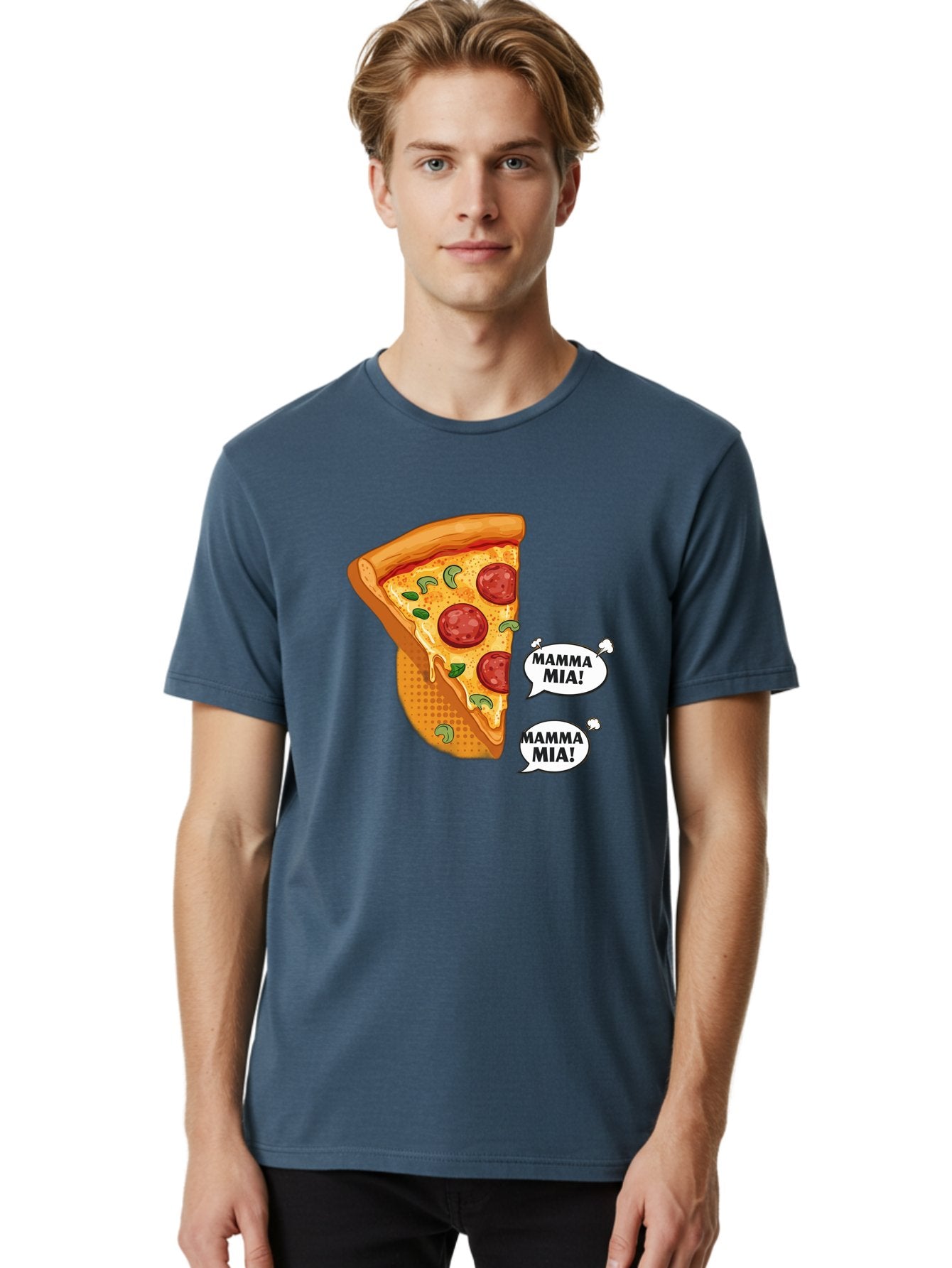 Mamma-Mia-Pizza Men'S Graphic Tee, 100% Cotton, Comfortable Casual Summer Wear, Machine Washable, Pepperoni Pizza Slice, Melted Cheese, Green Basil, Italian Food, Delicious Meal, Mamma Mia, Cartoon Style, Appetizing Dish, Cheesy Goodness, Bac125 19