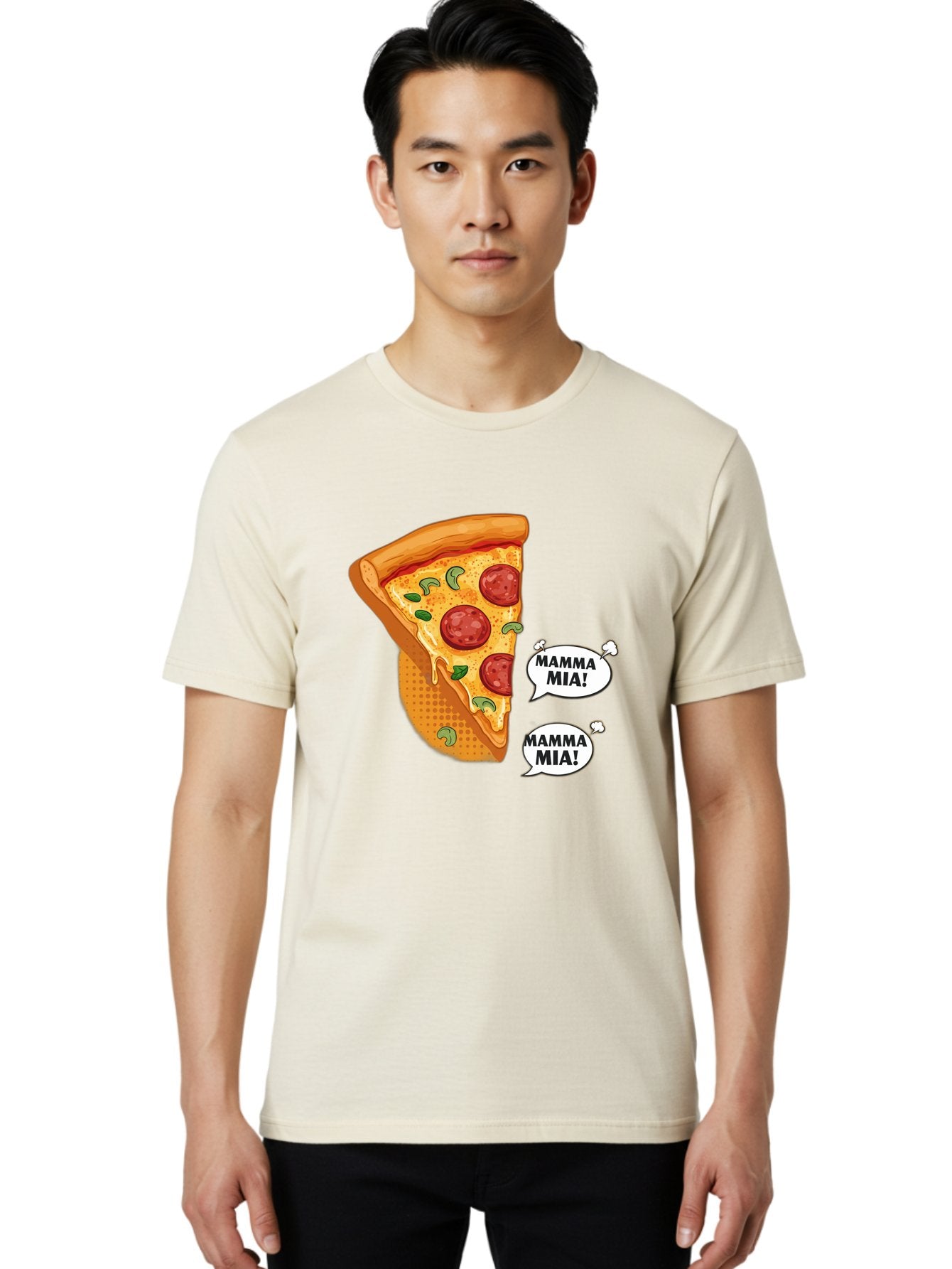 Mamma-Mia-Pizza Men'S Graphic Tee, 100% Cotton, Comfortable Casual Summer Wear, Machine Washable, Pepperoni Pizza Slice, Melted Cheese, Green Basil, Italian Food, Delicious Meal, Mamma Mia, Cartoon Style, Appetizing Dish, Cheesy Goodness, Bac125 26