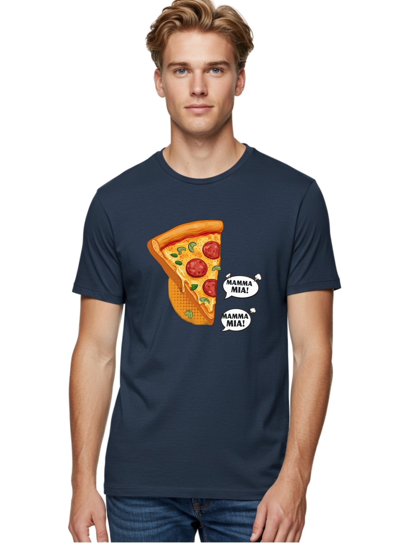 Mamma-Mia-Pizza Men'S Graphic Tee, 100% Cotton, Comfortable Casual Summer Wear, Machine Washable, Pepperoni Pizza Slice, Melted Cheese, Green Basil, Italian Food, Delicious Meal, Mamma Mia, Cartoon Style, Appetizing Dish, Cheesy Goodness, Bac125 18