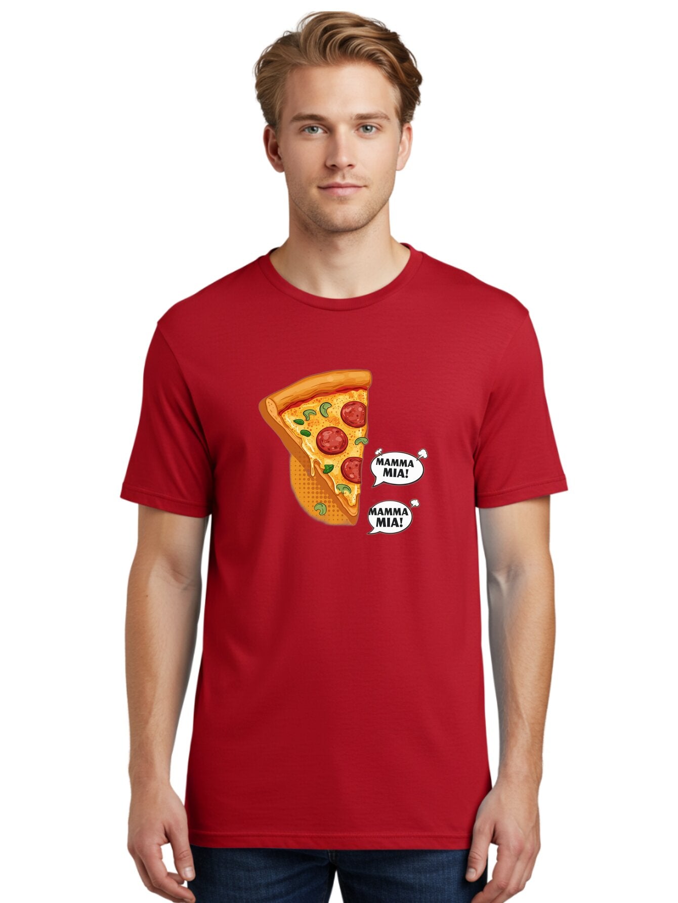 Mamma-Mia-Pizza Men'S Graphic Tee, 100% Cotton, Comfortable Casual Summer Wear, Machine Washable, Pepperoni Pizza Slice, Melted Cheese, Green Basil, Italian Food, Delicious Meal, Mamma Mia, Cartoon Style, Appetizing Dish, Cheesy Goodness, Bac125 30