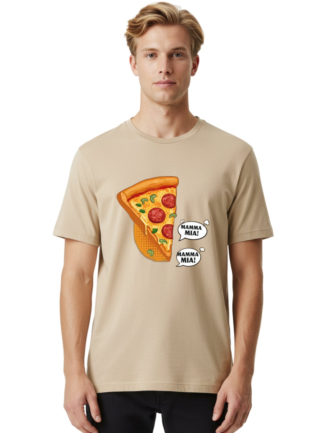 Mamma-Mia-Pizza Men'S Graphic Tee, 100% Cotton, Comfortable Casual Summer Wear, Machine Washable, Pepperoni Pizza Slice, Melted Cheese, Green Basil, Italian Food, Delicious Meal, Mamma Mia, Cartoon Style, Appetizing Dish, Cheesy Goodness, Bac125 29