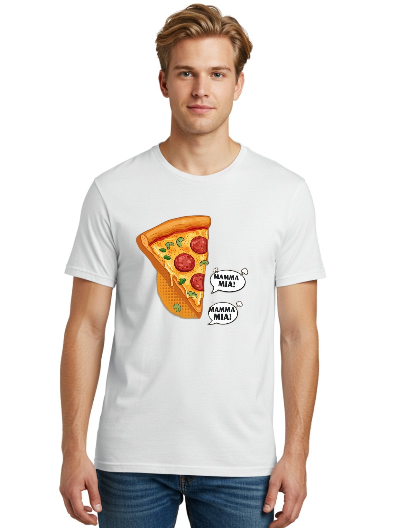 Mamma-Mia-Pizza Men'S Graphic Tee, 100% Cotton, Comfortable Casual Summer Wear, Machine Washable, Pepperoni Pizza Slice, Melted Cheese, Green Basil, Italian Food, Delicious Meal, Mamma Mia, Cartoon Style, Appetizing Dish, Cheesy Goodness, Bac125 20