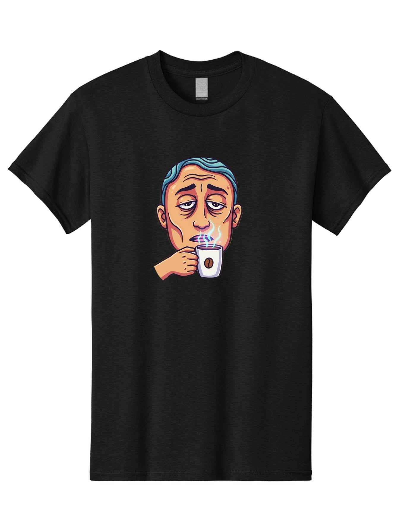 Man-Drinking-Coffee-1 Men'S Graphic Tee, 100% Cotton, Comfortable Casual Summer Wear, Machine Washable, Cartoon Man Drinking Coffee, Steaming Hot Beverage, Morning Pick-Me-Up, Caffeine Fix, Coffee Lover, Humorous Illustration Bac126