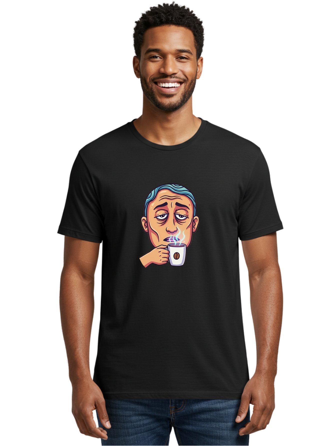Man-Drinking-Coffee-1 Men'S Graphic Tee, 100% Cotton, Comfortable Casual Summer Wear, Machine Washable, Cartoon Man Drinking Coffee, Steaming Hot Beverage, Morning Pick-Me-Up, Caffeine Fix, Coffee Lover, Humorous Illustration Bac126 21