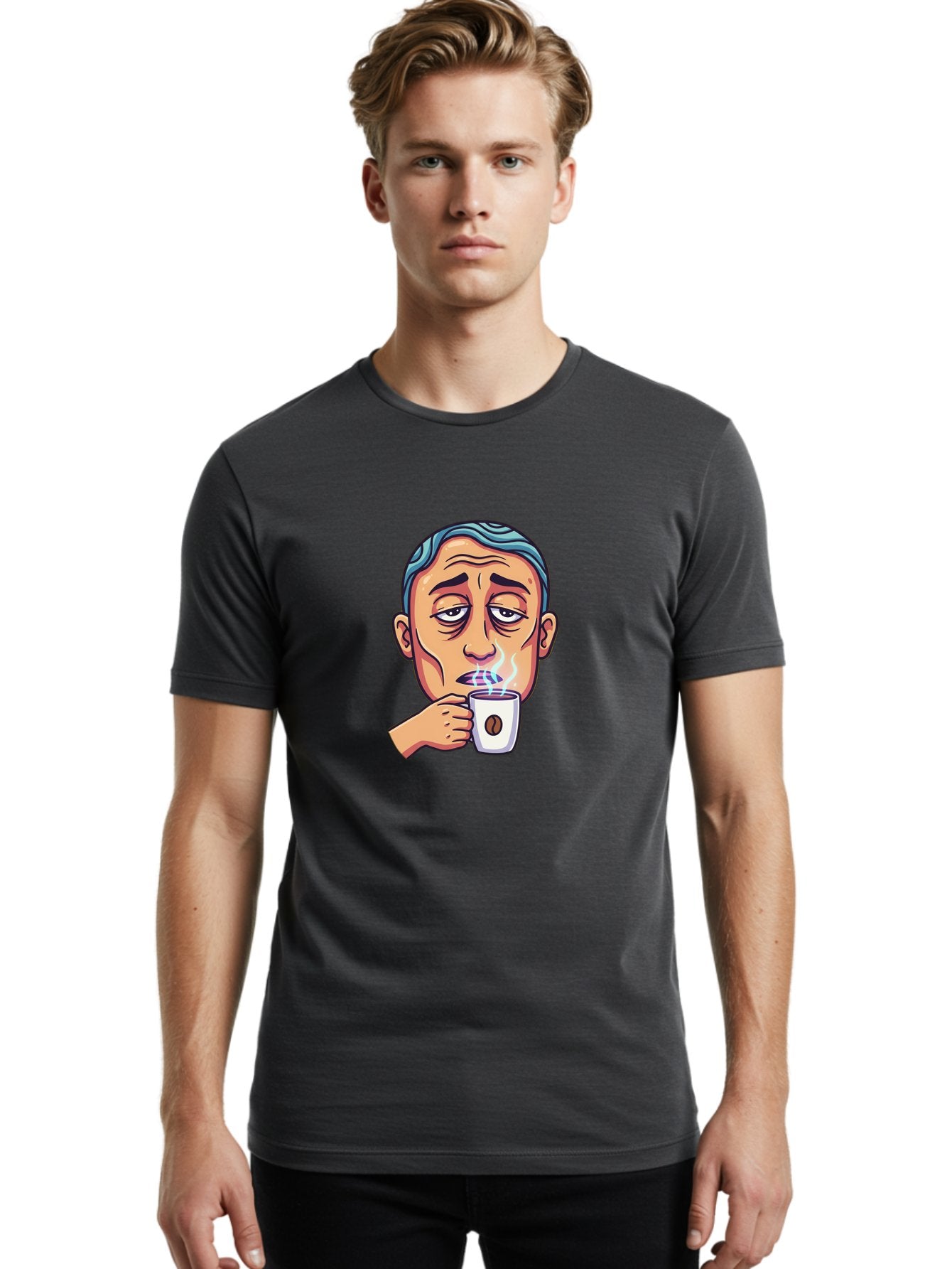 Man-Drinking-Coffee-1 Men'S Graphic Tee, 100% Cotton, Comfortable Casual Summer Wear, Machine Washable, Cartoon Man Drinking Coffee, Steaming Hot Beverage, Morning Pick-Me-Up, Caffeine Fix, Coffee Lover, Humorous Illustration Bac126 20