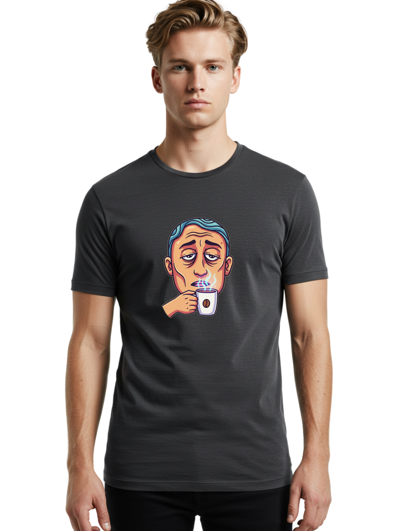 Man-Drinking-Coffee-1 Men'S Graphic Tee, 100% Cotton, Comfortable Casual Summer Wear, Machine Washable, Cartoon Man Drinking Coffee, Steaming Hot Beverage, Morning Pick-Me-Up, Caffeine Fix, Coffee Lover, Humorous Illustration Bac126 30