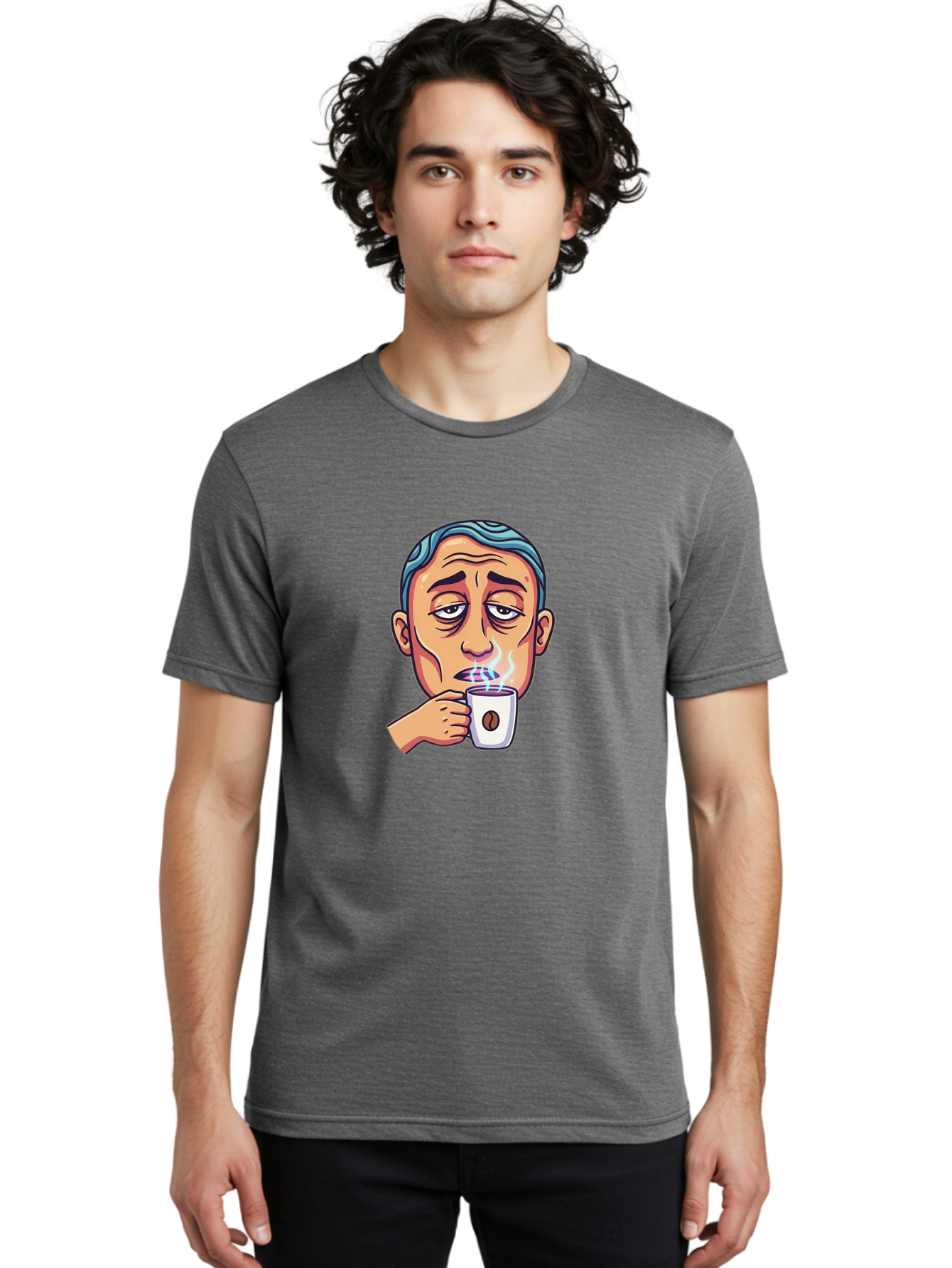 Man-Drinking-Coffee-1 Men'S Graphic Tee, 100% Cotton, Comfortable Casual Summer Wear, Machine Washable, Cartoon Man Drinking Coffee, Steaming Hot Beverage, Morning Pick-Me-Up, Caffeine Fix, Coffee Lover, Humorous Illustration Bac126 20