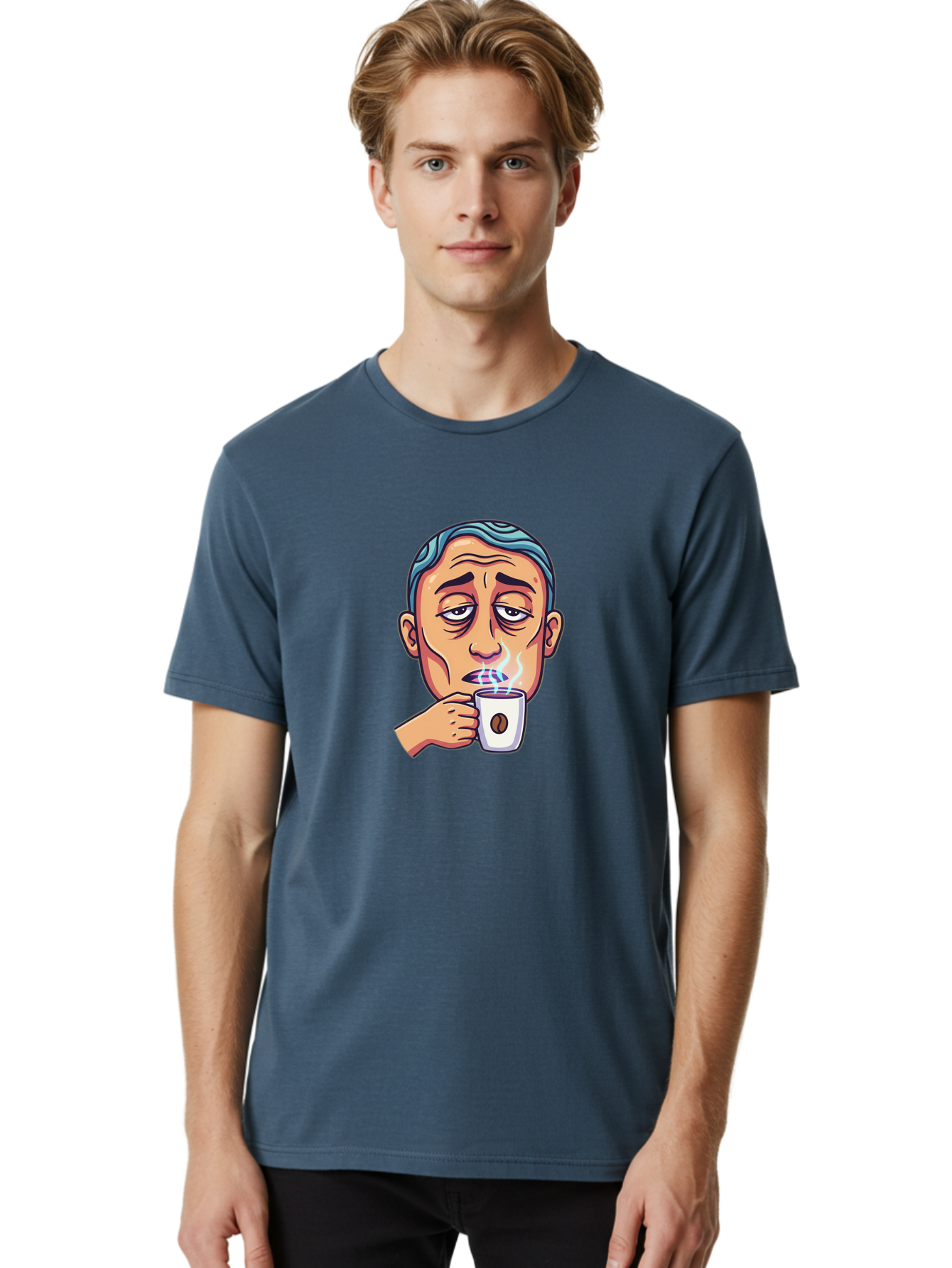 Man-Drinking-Coffee-1 Men'S Graphic Tee, 100% Cotton, Comfortable Casual Summer Wear, Machine Washable, Cartoon Man Drinking Coffee, Steaming Hot Beverage, Morning Pick-Me-Up, Caffeine Fix, Coffee Lover, Humorous Illustration Bac126 23