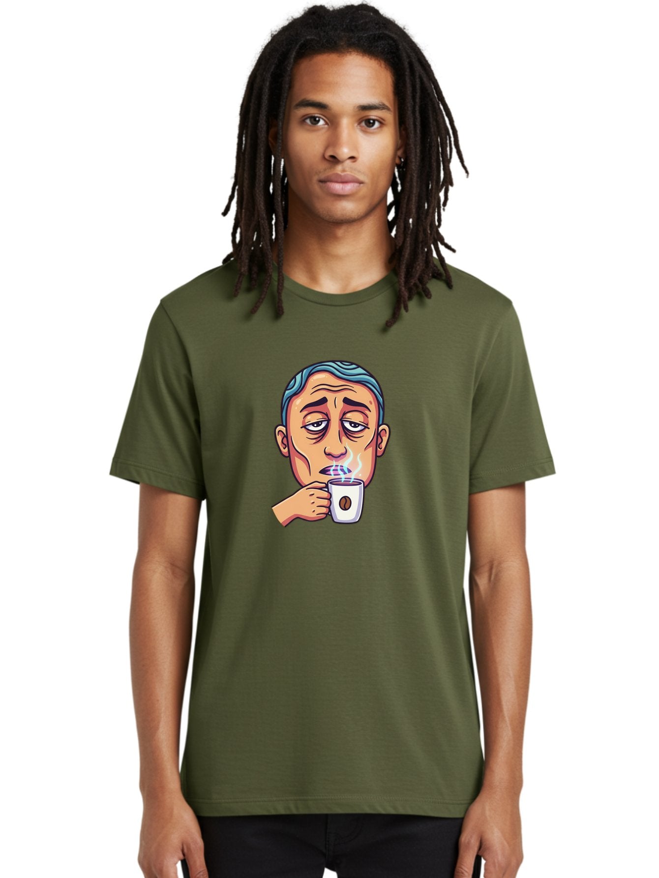 Man-Drinking-Coffee-1 Men'S Graphic Tee, 100% Cotton, Comfortable Casual Summer Wear, Machine Washable, Cartoon Man Drinking Coffee, Steaming Hot Beverage, Morning Pick-Me-Up, Caffeine Fix, Coffee Lover, Humorous Illustration Bac126 17