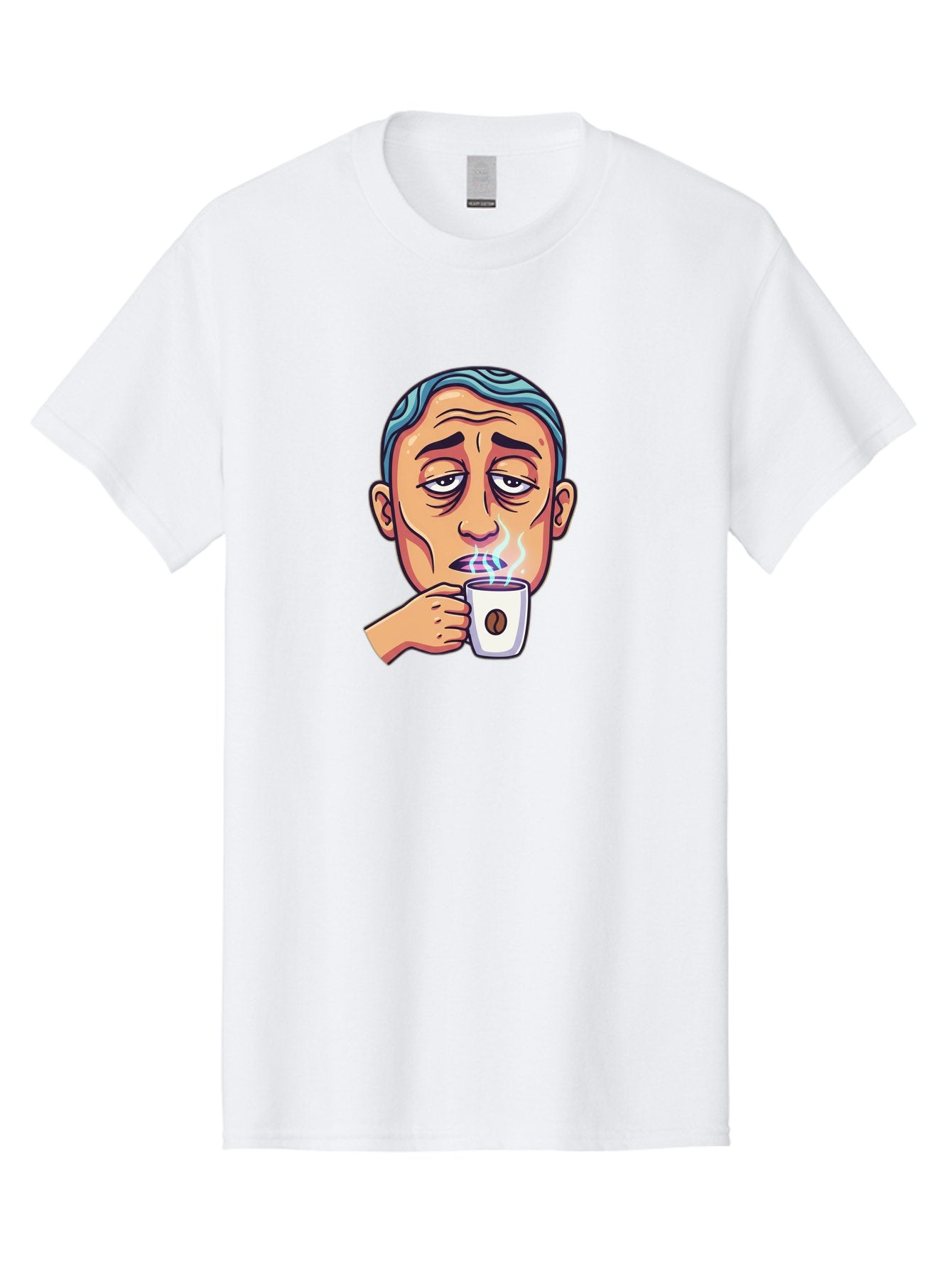 Man-Drinking-Coffee-1 Men'S Graphic Tee, 100% Cotton, Comfortable Casual Summer Wear, Machine Washable, Cartoon Man Drinking Coffee, Steaming Hot Beverage, Morning Pick-Me-Up, Caffeine Fix, Coffee Lover, Humorous Illustration Bac126