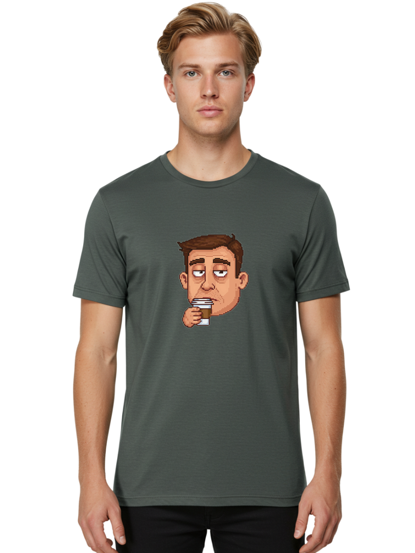 Man-Drinking-Coffee Men'S Graphic Tee, 100% Cotton, Comfortable Casual Summer Wear, Machine Washable, Cartoon Man, Pixel Art, Coffee Cup, Morning Routine, Daily Grind, Coffee Lover, Relaxed Atmosphere, Pixelated Character Bac127 17