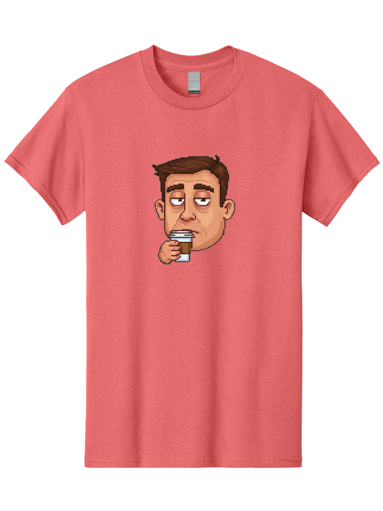 Man-Drinking-Coffee Men'S Graphic Tee, 100% Cotton, Comfortable Casual Summer Wear, Machine Washable, Cartoon Man, Pixel Art, Coffee Cup, Morning Routine, Daily Grind, Coffee Lover, Relaxed Atmosphere, Pixelated Character Bac127 15