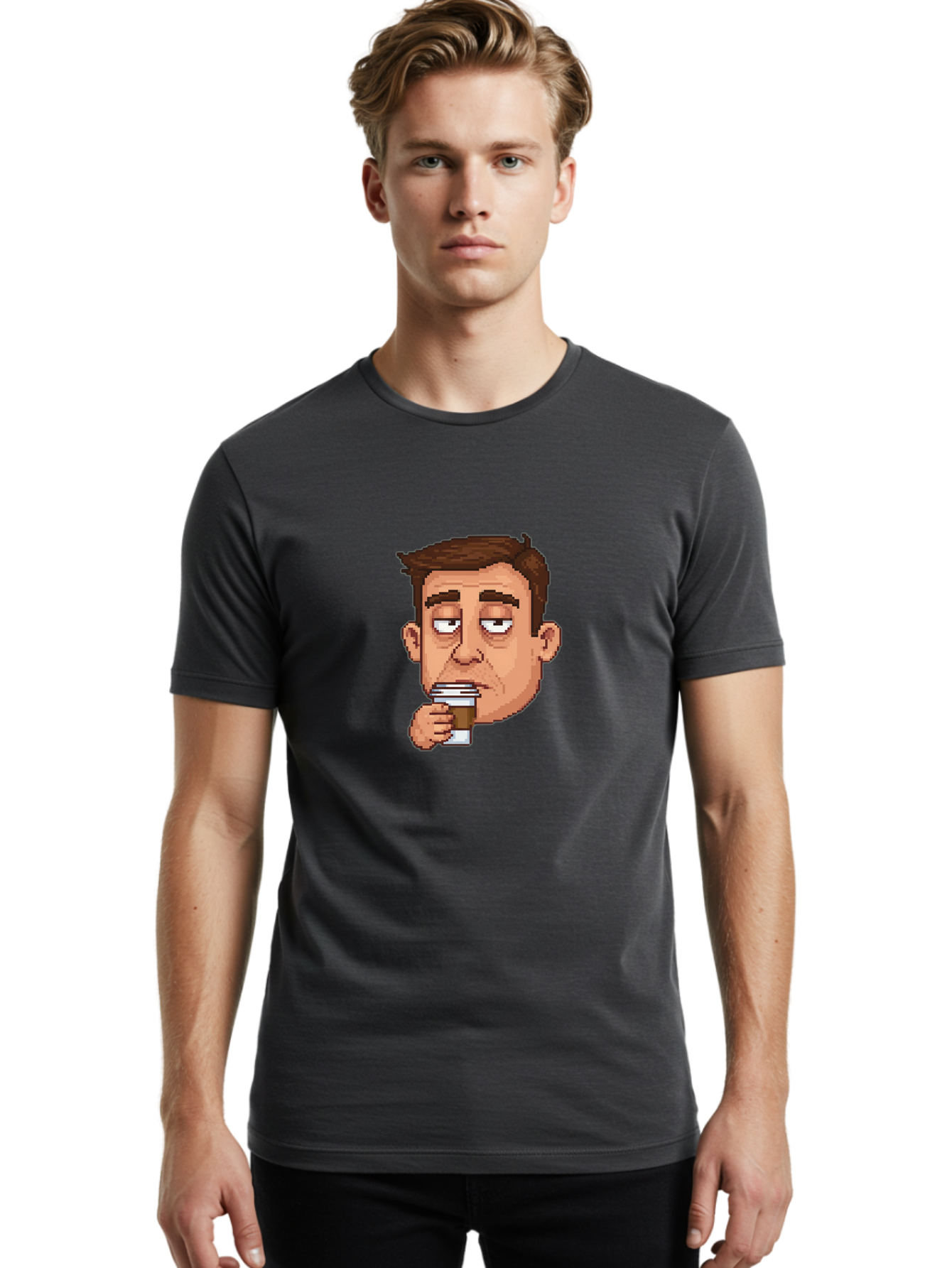 Man-Drinking-Coffee Men'S Graphic Tee, 100% Cotton, Comfortable Casual Summer Wear, Machine Washable, Cartoon Man, Pixel Art, Coffee Cup, Morning Routine, Daily Grind, Coffee Lover, Relaxed Atmosphere, Pixelated Character Bac127 27