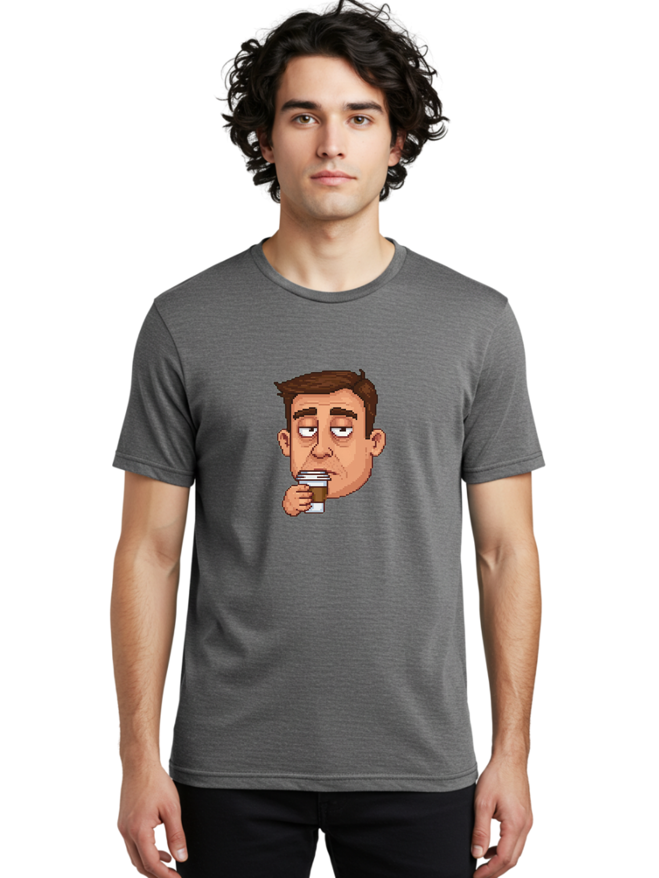 Man-Drinking-Coffee Men'S Graphic Tee, 100% Cotton, Comfortable Casual Summer Wear, Machine Washable, Cartoon Man, Pixel Art, Coffee Cup, Morning Routine, Daily Grind, Coffee Lover, Relaxed Atmosphere, Pixelated Character Bac127 21