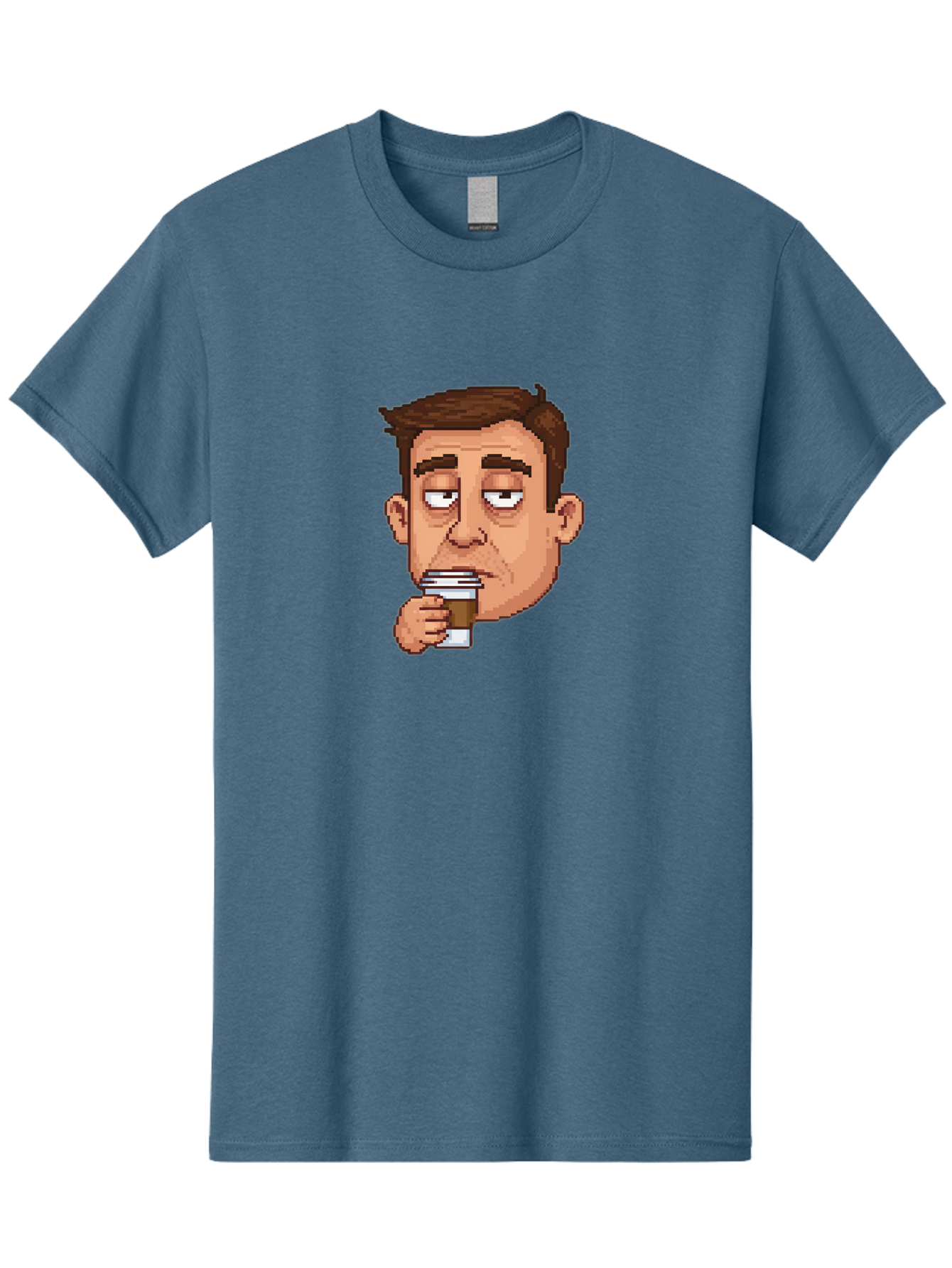 Man-Drinking-Coffee Men'S Graphic Tee, 100% Cotton, Comfortable Casual Summer Wear, Machine Washable, Cartoon Man, Pixel Art, Coffee Cup, Morning Routine, Daily Grind, Coffee Lover, Relaxed Atmosphere, Pixelated Character Bac127 13