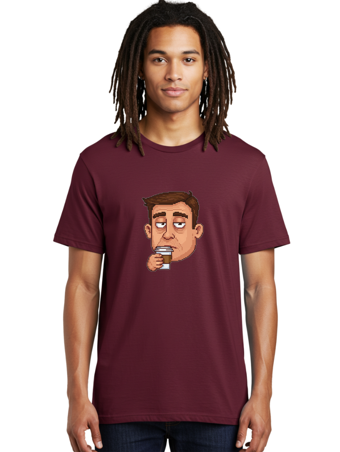 Man-Drinking-Coffee Men'S Graphic Tee, 100% Cotton, Comfortable Casual Summer Wear, Machine Washable, Cartoon Man, Pixel Art, Coffee Cup, Morning Routine, Daily Grind, Coffee Lover, Relaxed Atmosphere, Pixelated Character Bac127 19