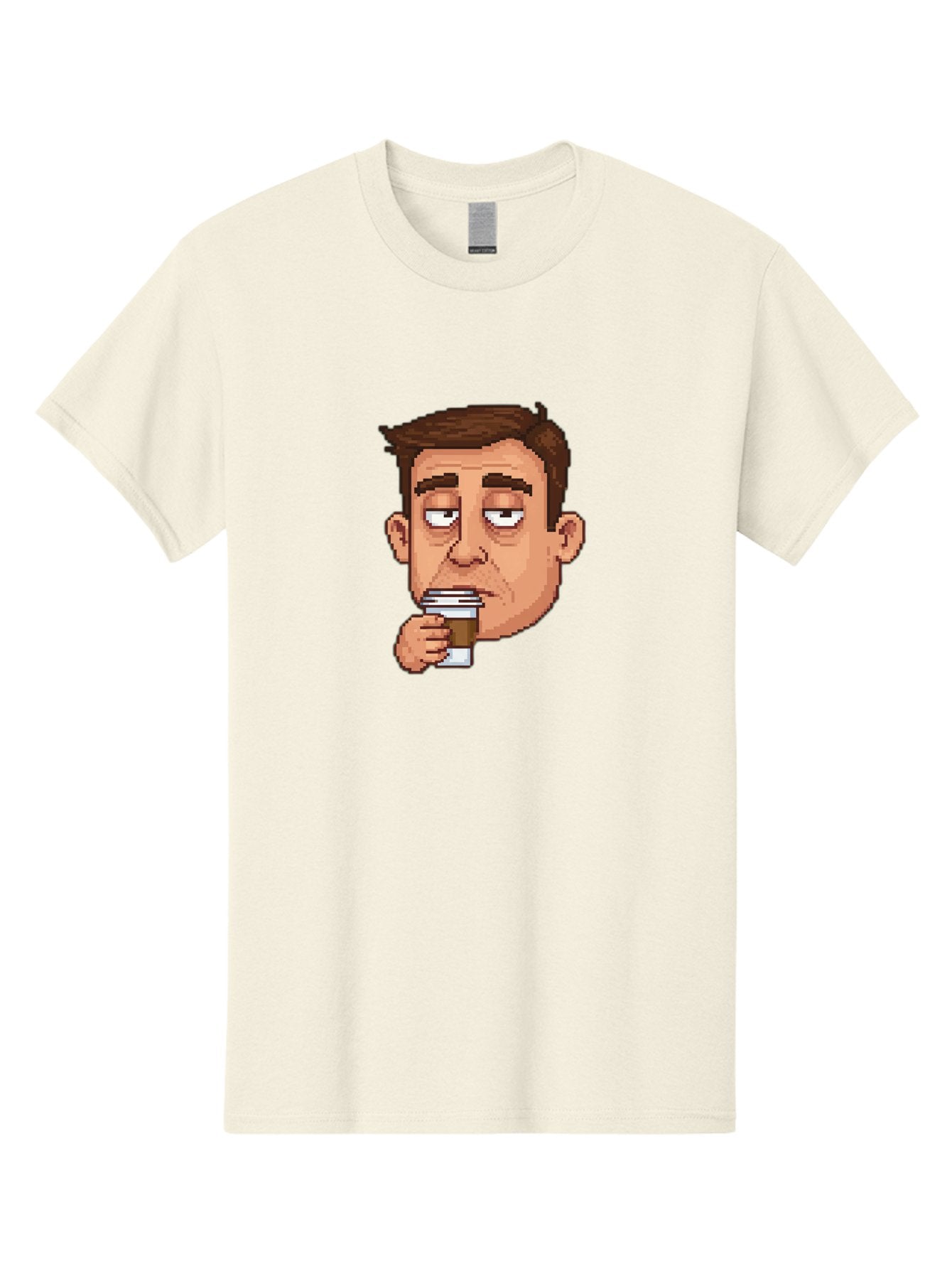 Man-Drinking-Coffee Men'S Graphic Tee, 100% Cotton, Comfortable Casual Summer Wear, Machine Washable, Cartoon Man, Pixel Art, Coffee Cup, Morning Routine, Daily Grind, Coffee Lover, Relaxed Atmosphere, Pixelated Character Bac127 6