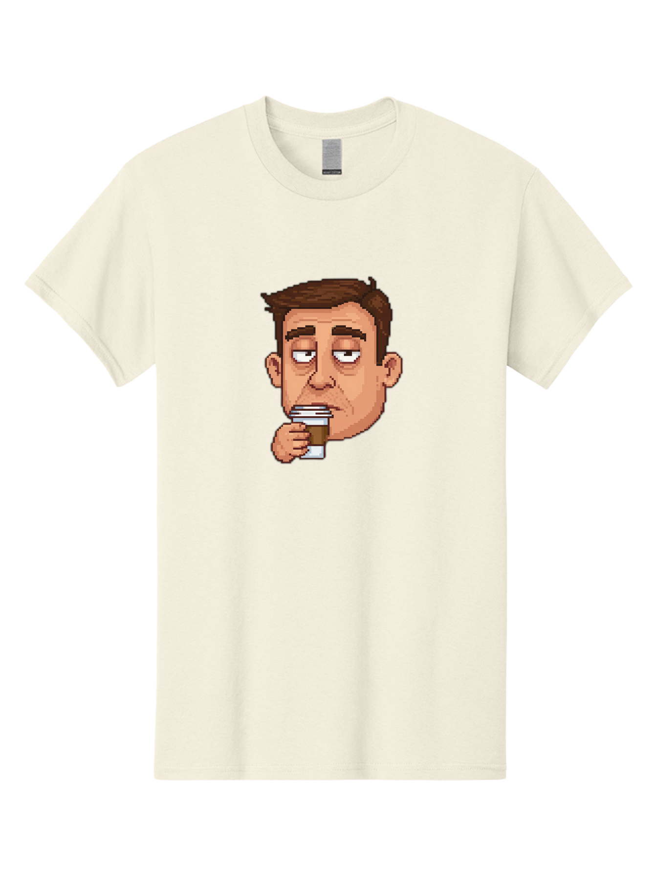 Man-Drinking-Coffee Men'S Graphic Tee, 100% Cotton, Comfortable Casual Summer Wear, Machine Washable, Cartoon Man, Pixel Art, Coffee Cup, Morning Routine, Daily Grind, Coffee Lover, Relaxed Atmosphere, Pixelated Character Bac127 7