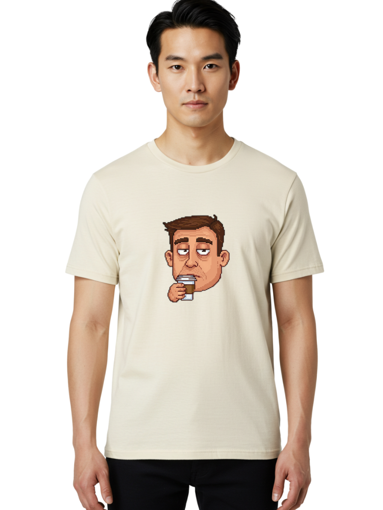 Man-Drinking-Coffee Men'S Graphic Tee, 100% Cotton, Comfortable Casual Summer Wear, Machine Washable, Cartoon Man, Pixel Art, Coffee Cup, Morning Routine, Daily Grind, Coffee Lover, Relaxed Atmosphere, Pixelated Character Bac127 22