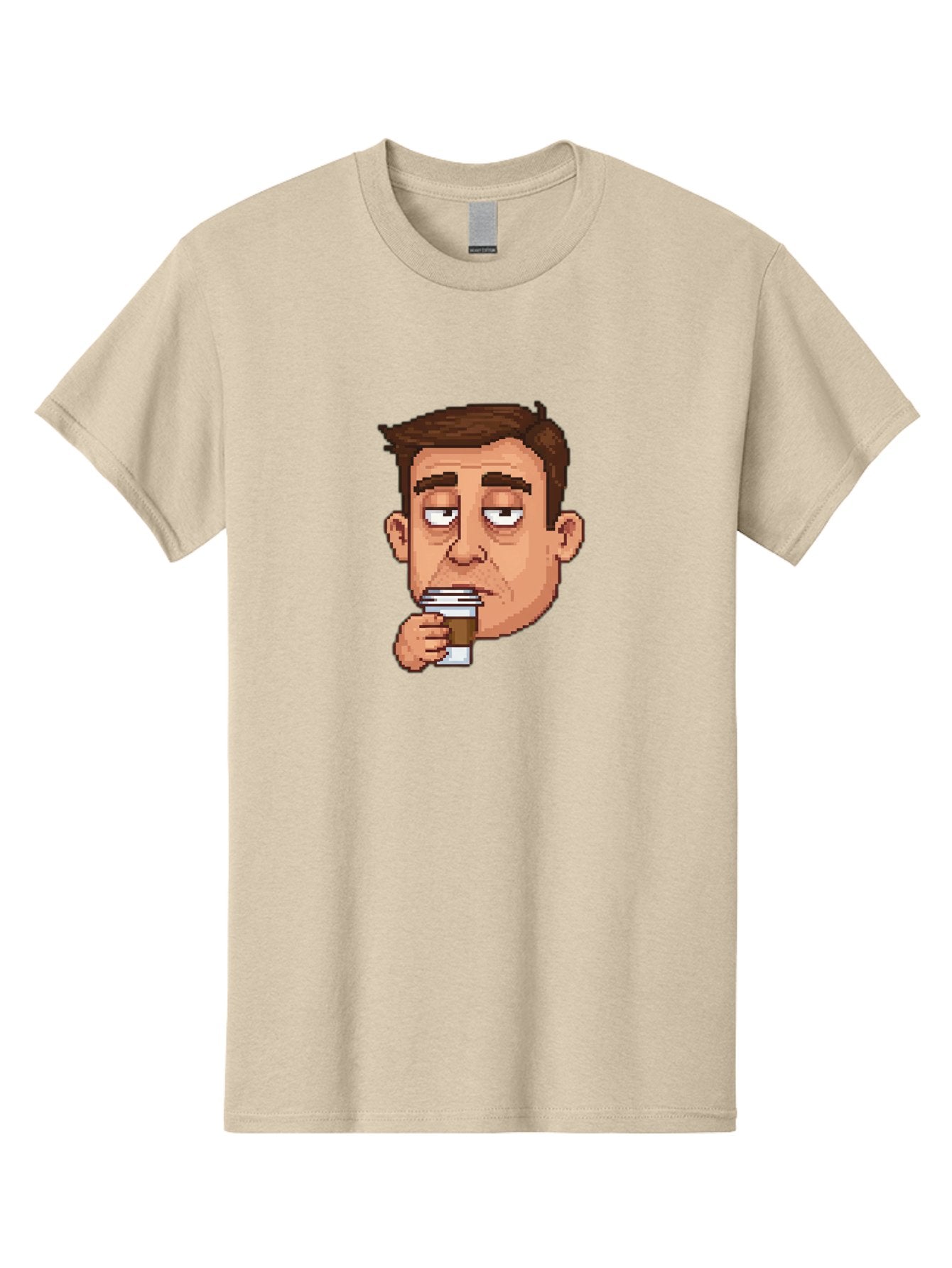Man-Drinking-Coffee Men'S Graphic Tee, 100% Cotton, Comfortable Casual Summer Wear, Machine Washable, Cartoon Man, Pixel Art, Coffee Cup, Morning Routine, Daily Grind, Coffee Lover, Relaxed Atmosphere, Pixelated Character Bac127 9