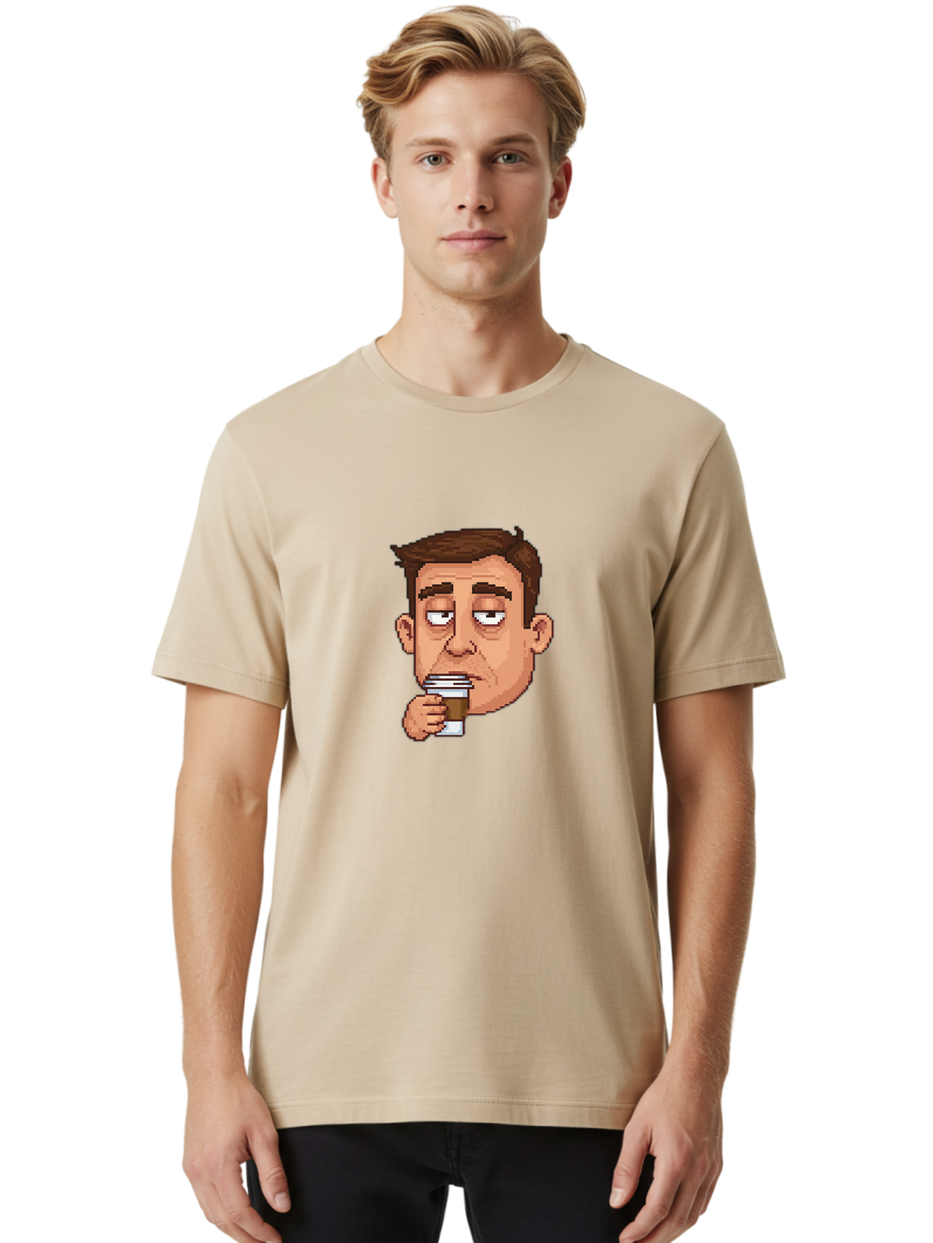 Man-Drinking-Coffee Men'S Graphic Tee, 100% Cotton, Comfortable Casual Summer Wear, Machine Washable, Cartoon Man, Pixel Art, Coffee Cup, Morning Routine, Daily Grind, Coffee Lover, Relaxed Atmosphere, Pixelated Character Bac127 20