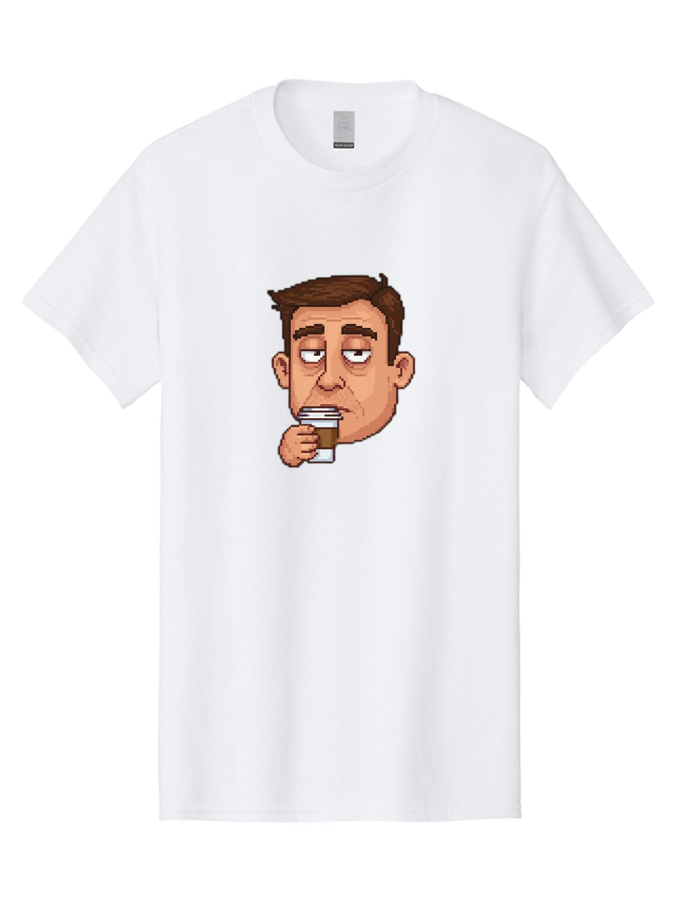Man-Drinking-Coffee Men'S Graphic Tee, 100% Cotton, Comfortable Casual Summer Wear, Machine Washable, Cartoon Man, Pixel Art, Coffee Cup, Morning Routine, Daily Grind, Coffee Lover, Relaxed Atmosphere, Pixelated Character Bac127 5
