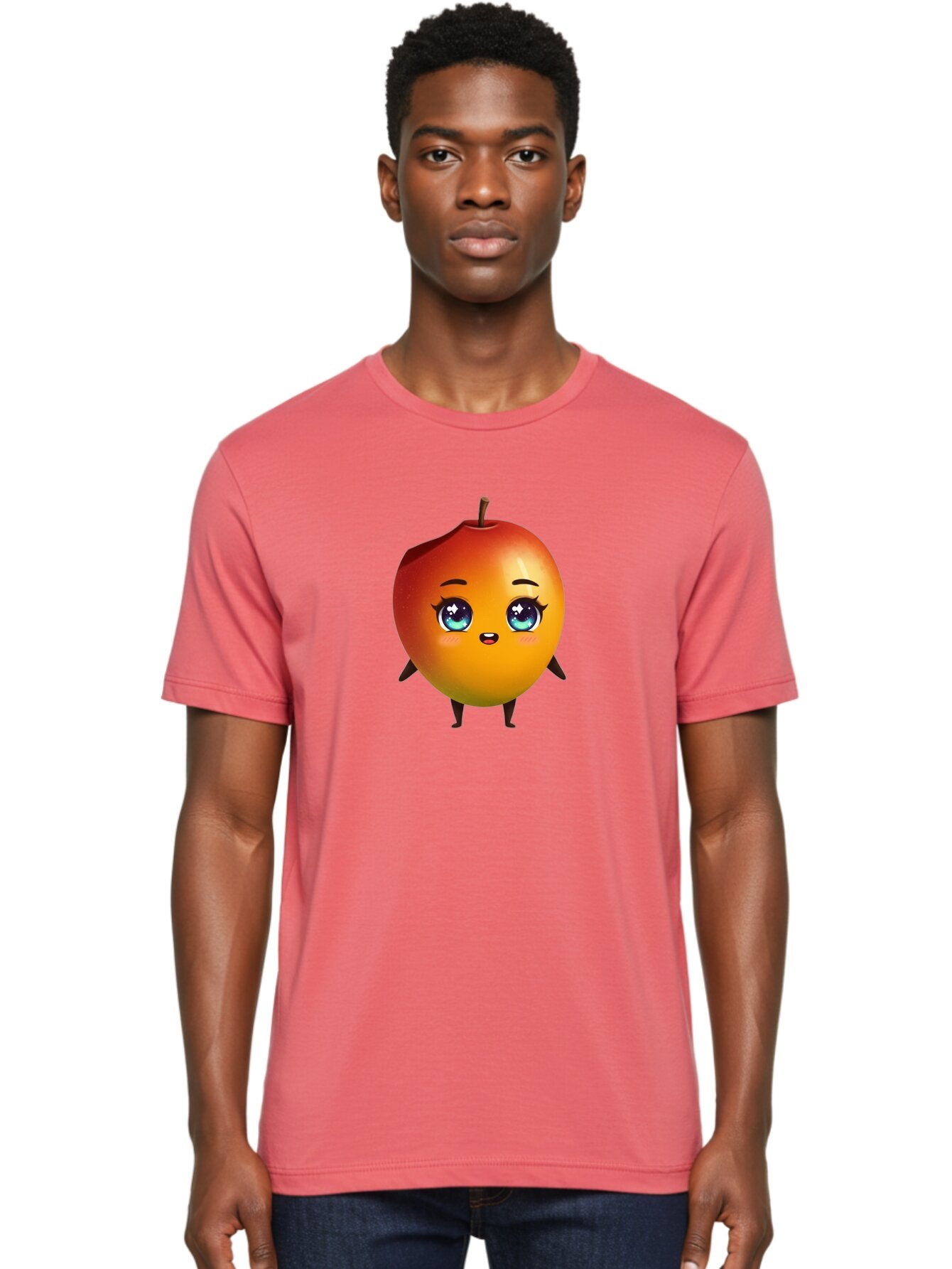 Mango-1 Men'S Graphic Tee, 100% Cotton, Comfortable Casual Summer Wear, Machine Washable, Cartoon Apple, Kawaii Fruit, Adorable Character, Big Eyes, Sweet Expression, Playful Design, Vibrant Colors, Fun Illustration, Kawaii Art Bac128 23