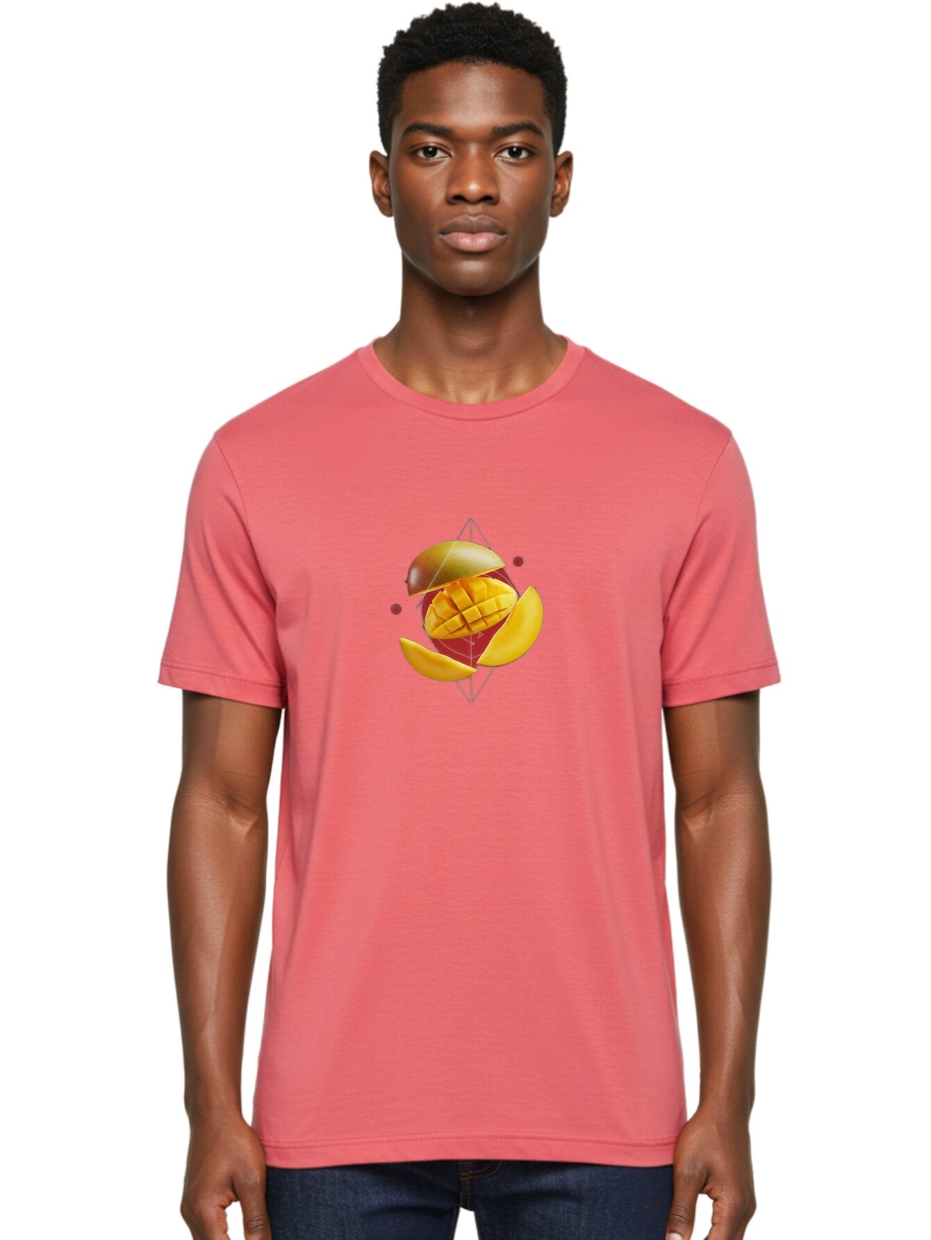 Mango-2 Men'S Graphic Tee, 100% Cotton, Comfortable Casual Summer Wear, Machine Washable, Mango Fruit, Sliced Mango, Yellow Fruit, Tropical Flavors, Juicy Texture, Fruit Arrangement, Geometric Shapes, Fresh Produce, Healthy Snack Bac129 22