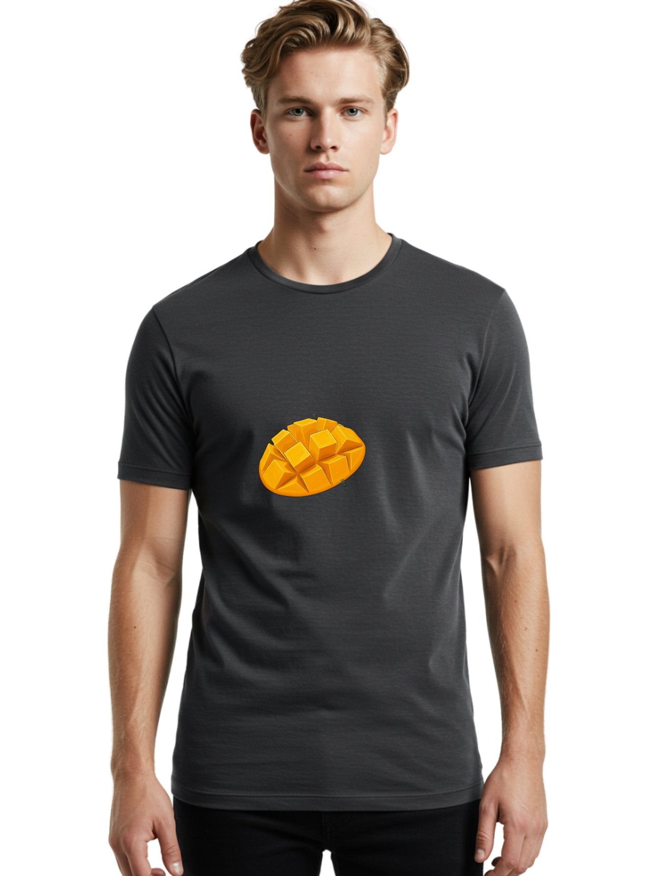 Mango-3 Men'S Graphic Tee, 100% Cotton, Comfortable Casual Summer Wear, Machine Washable, Cubed Mango, Diced Mango, Mango Fruit, Orange Fruit, 3D Illustration, Mango Chunks, Vibrant Orange, Fruit Graphic, Food Illustration Bac130 25