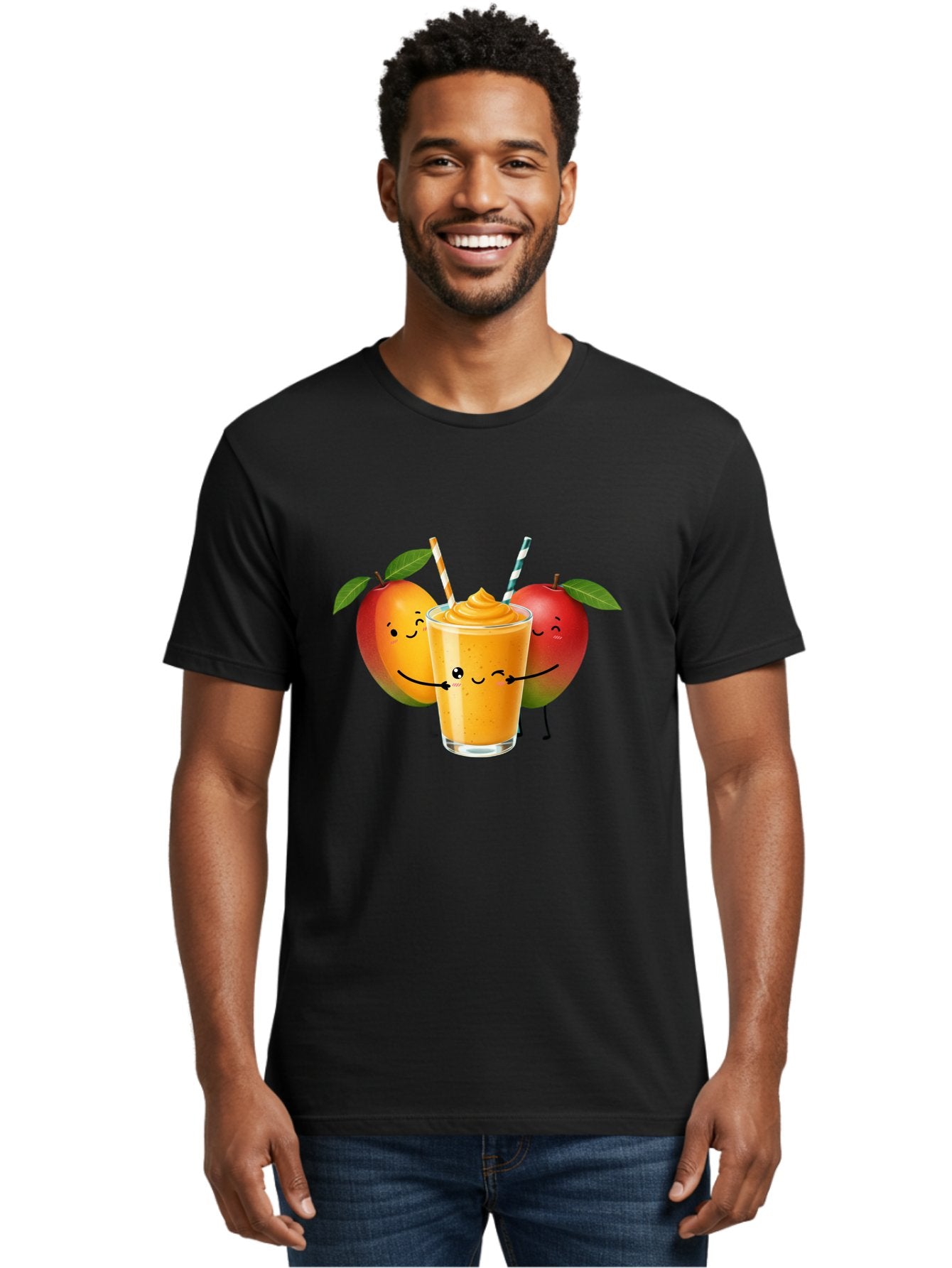 Mango-Apple-Smoothie Men'S Graphic Tee, 100% Cotton, Comfortable Casual Summer Wear, Machine Washable, Mango Smoothie, Apple Characters, Orange Drink, Cartoon Style, Happy Fruits, Smiling Faces, Healthy Beverage, Refreshing Drink, Bac135 20