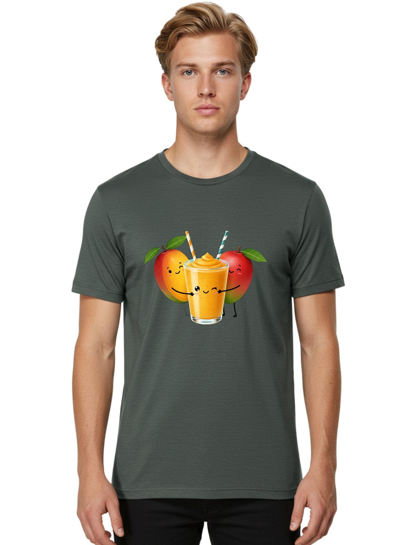 Mango-Apple-Smoothie Men'S Graphic Tee, 100% Cotton, Comfortable Casual Summer Wear, Machine Washable, Mango Smoothie, Apple Characters, Orange Drink, Cartoon Style, Happy Fruits, Smiling Faces, Healthy Beverage, Refreshing Drink, Bac135 24