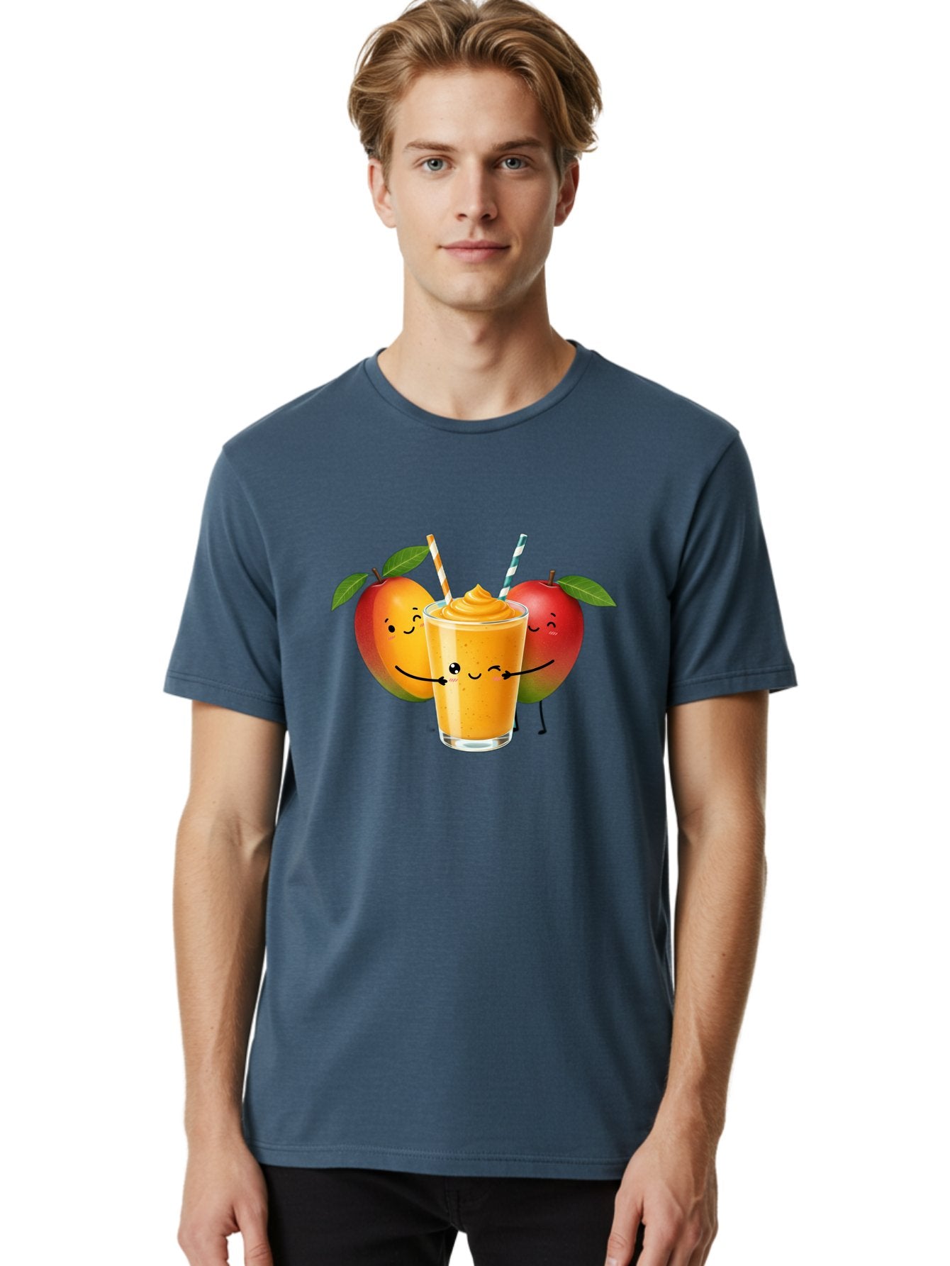Mango-Apple-Smoothie Men'S Graphic Tee, 100% Cotton, Comfortable Casual Summer Wear, Machine Washable, Mango Smoothie, Apple Characters, Orange Drink, Cartoon Style, Happy Fruits, Smiling Faces, Healthy Beverage, Refreshing Drink, Bac135 21