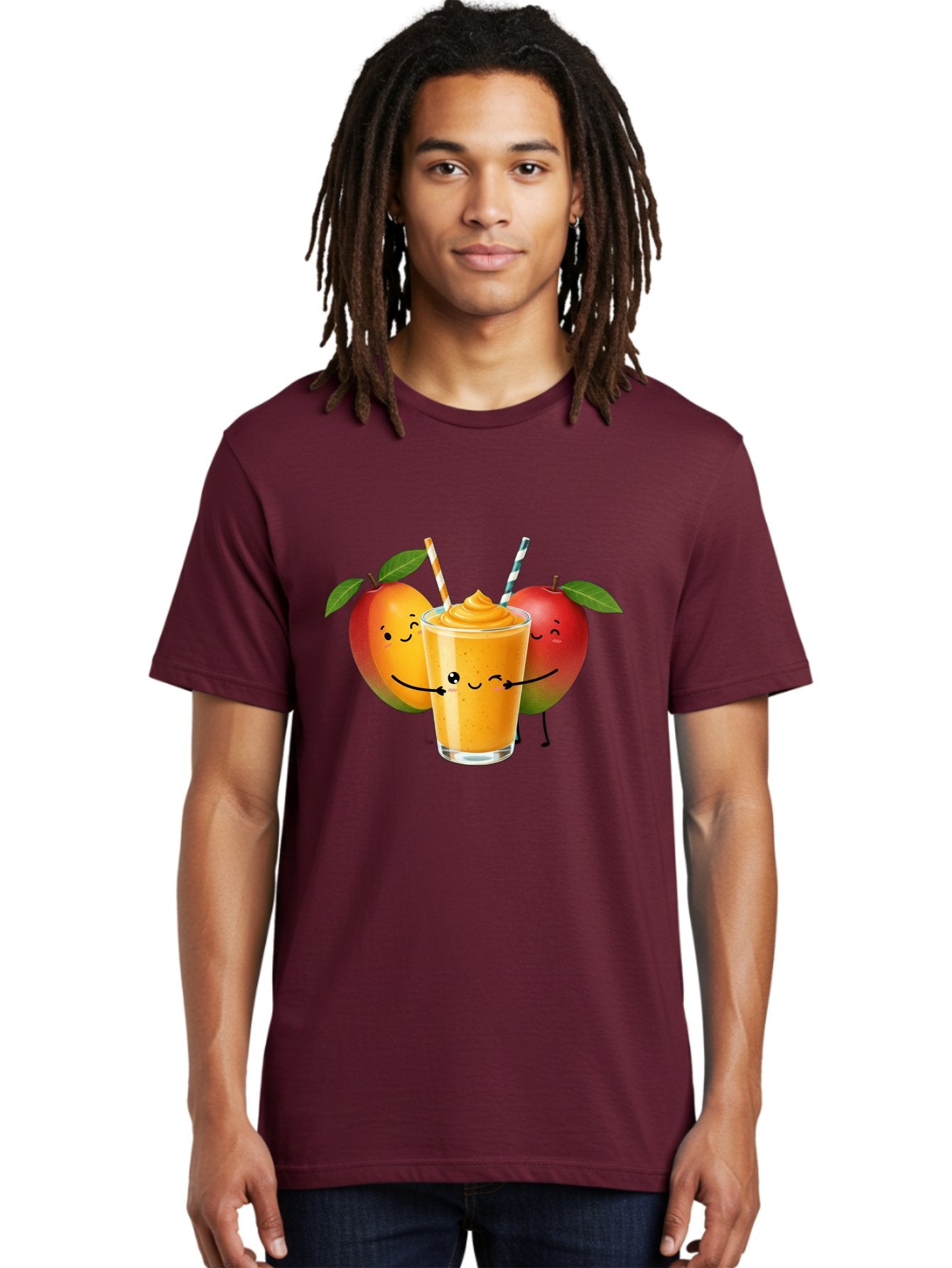 Mango-Apple-Smoothie Men'S Graphic Tee, 100% Cotton, Comfortable Casual Summer Wear, Machine Washable, Mango Smoothie, Apple Characters, Orange Drink, Cartoon Style, Happy Fruits, Smiling Faces, Healthy Beverage, Refreshing Drink, Bac135 27