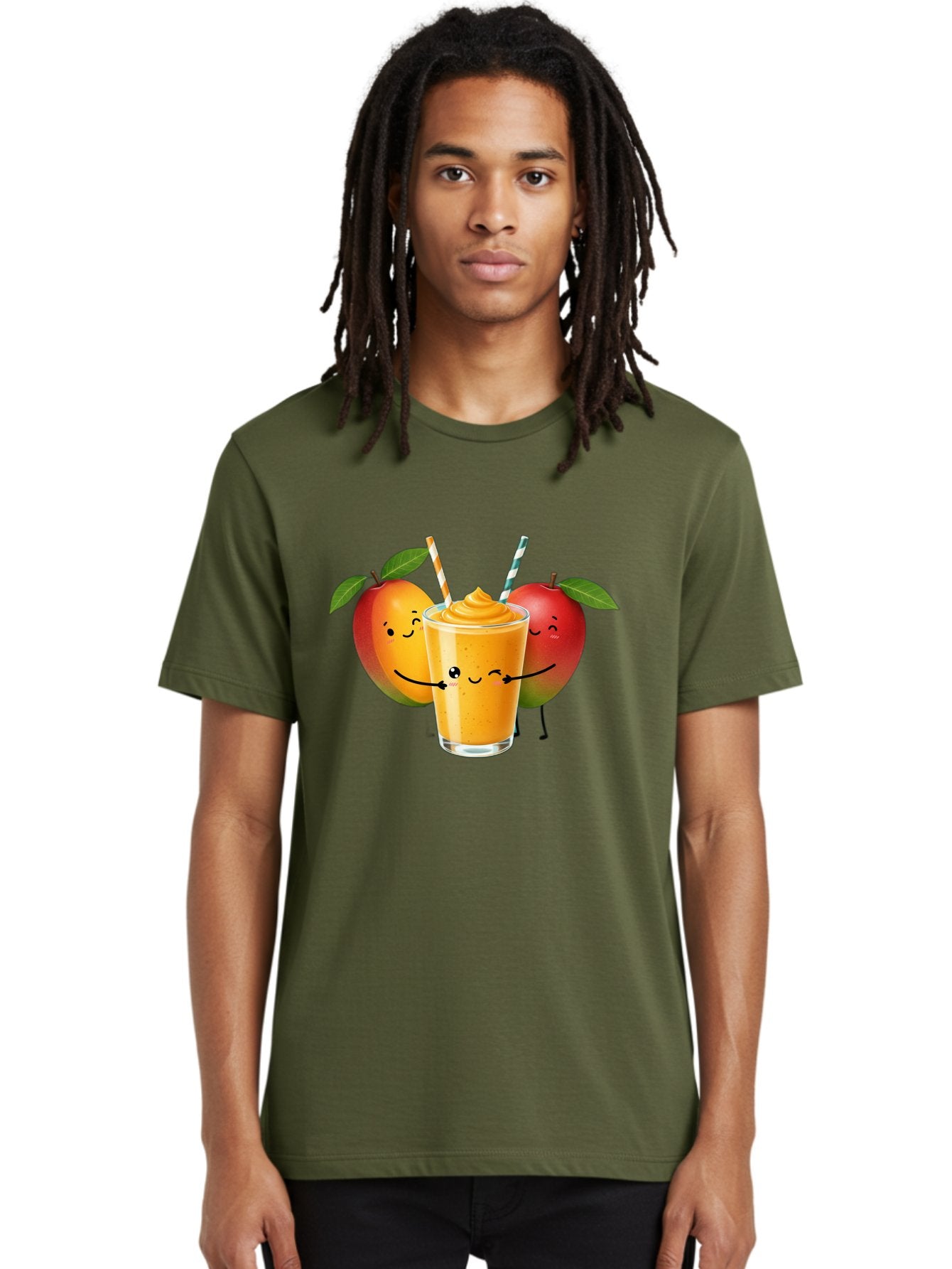 Mango-Apple-Smoothie Men'S Graphic Tee, 100% Cotton, Comfortable Casual Summer Wear, Machine Washable, Mango Smoothie, Apple Characters, Orange Drink, Cartoon Style, Happy Fruits, Smiling Faces, Healthy Beverage, Refreshing Drink, Bac135 18