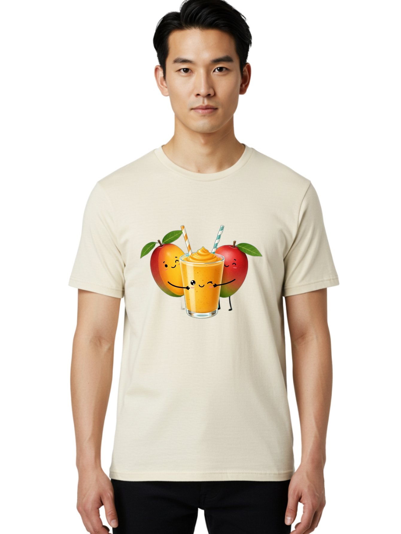 Mango-Apple-Smoothie Men'S Graphic Tee, 100% Cotton, Comfortable Casual Summer Wear, Machine Washable, Mango Smoothie, Apple Characters, Orange Drink, Cartoon Style, Happy Fruits, Smiling Faces, Healthy Beverage, Refreshing Drink, Bac135 17